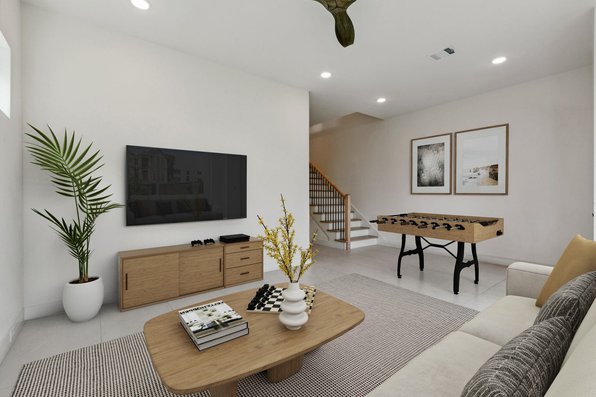 Another view of the 1st floor flex room looking towards the stairs. There is ample storage space throughout with under stair storage on the first floor & an elevator shaft, providing a closet on each floor! Note: this photo has been virtually staged.