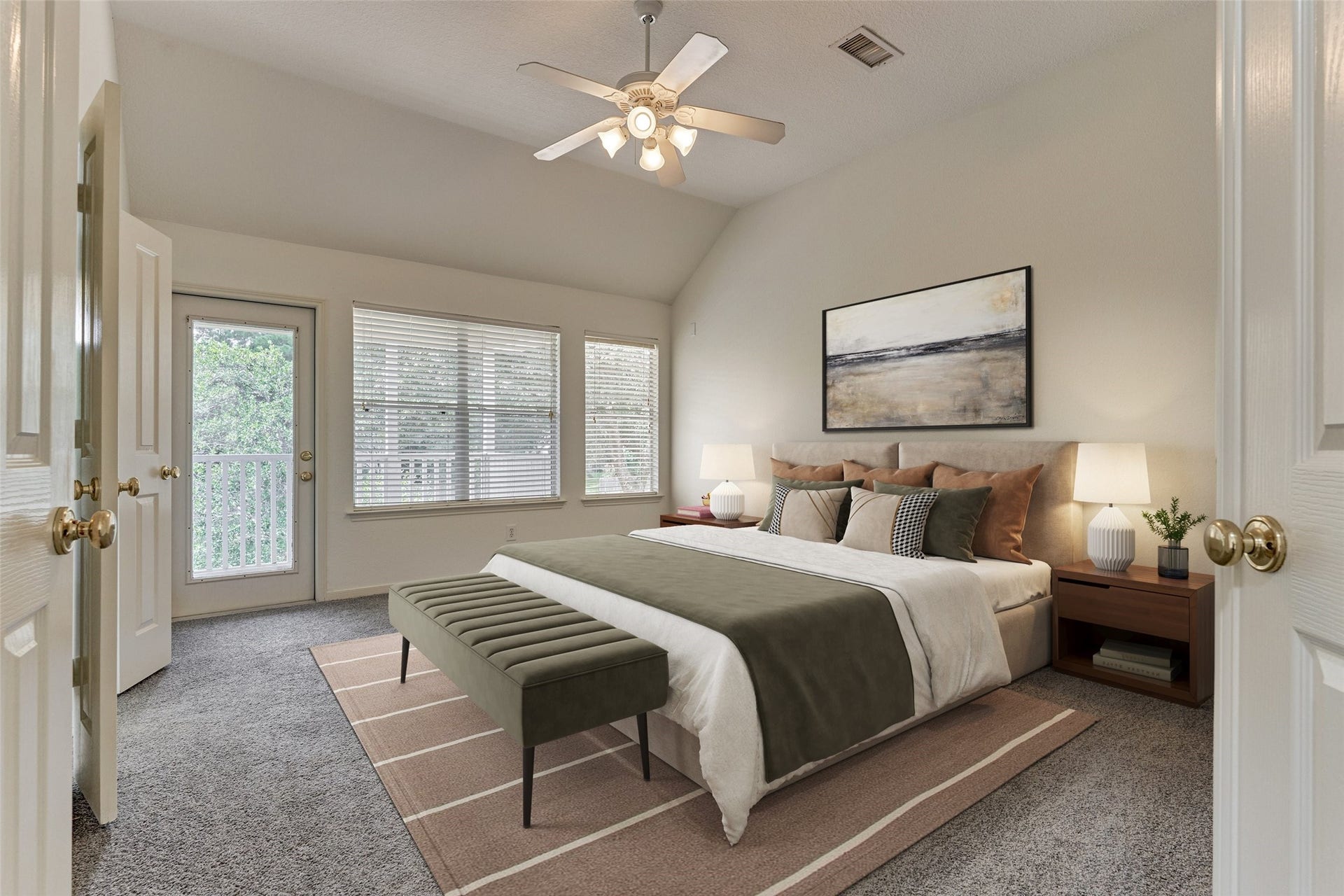 11 Vinca Trail, The Woodlands, TX 77382 Primary bedroom on the second floor. This room has great views to the greenbelt and enjoy sitting on the exterior balcony.