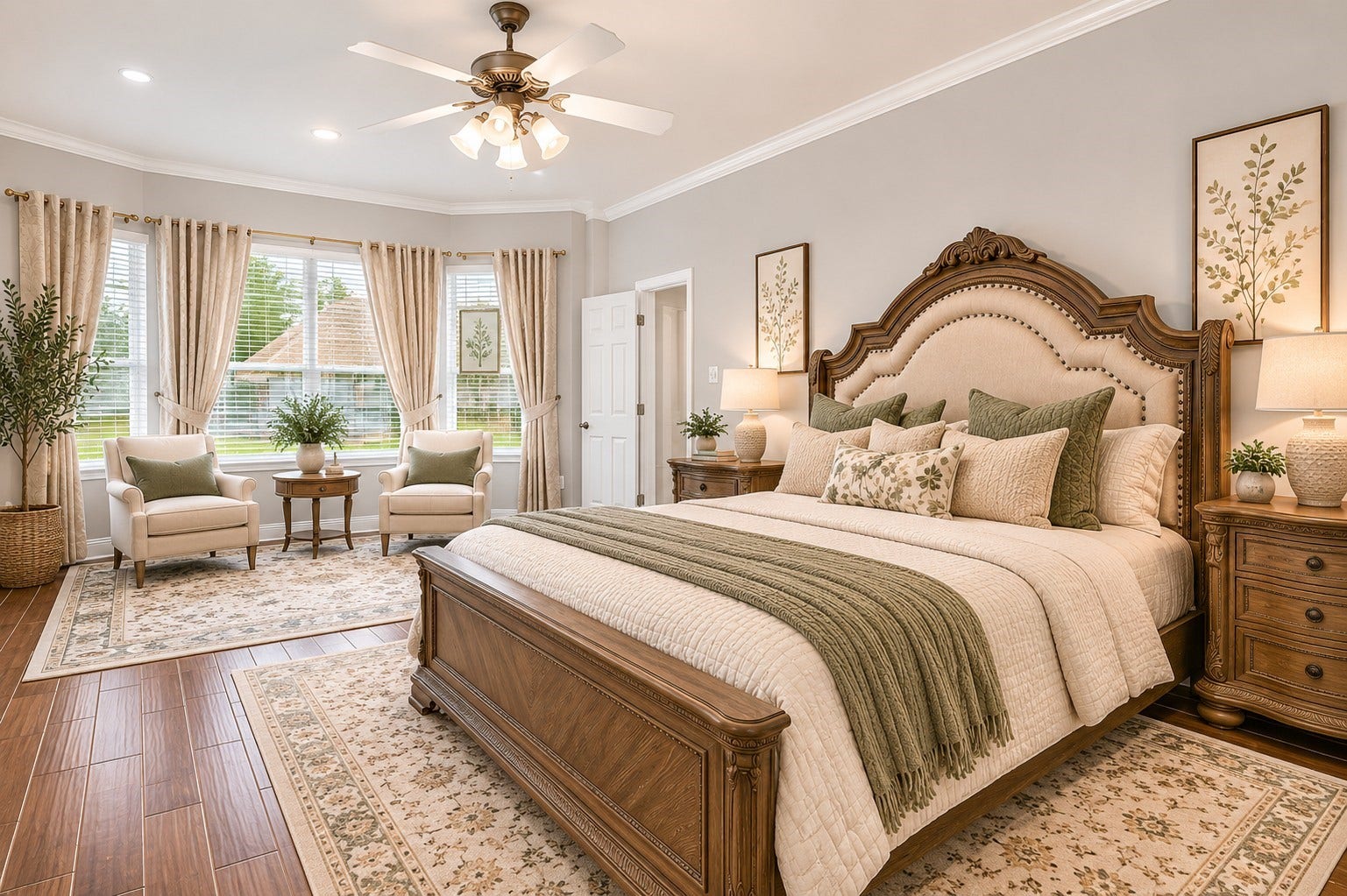 3314 Sussex Way, Friendswood, TX 77546 Virtually staged primary bedroom showing its spacious and bright layout. Natural light enters through a large bay window, filling the room with warmth.