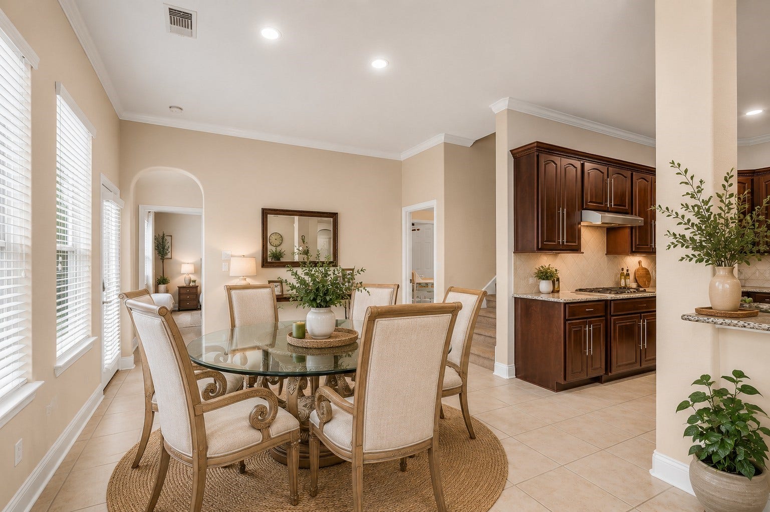 3314 Sussex Way, Friendswood, TX 77546 Virtually staged breakfast nook showing ideas for furnishing the space. It is open to both the kitchen and family room, creating a connected and convenient layout.