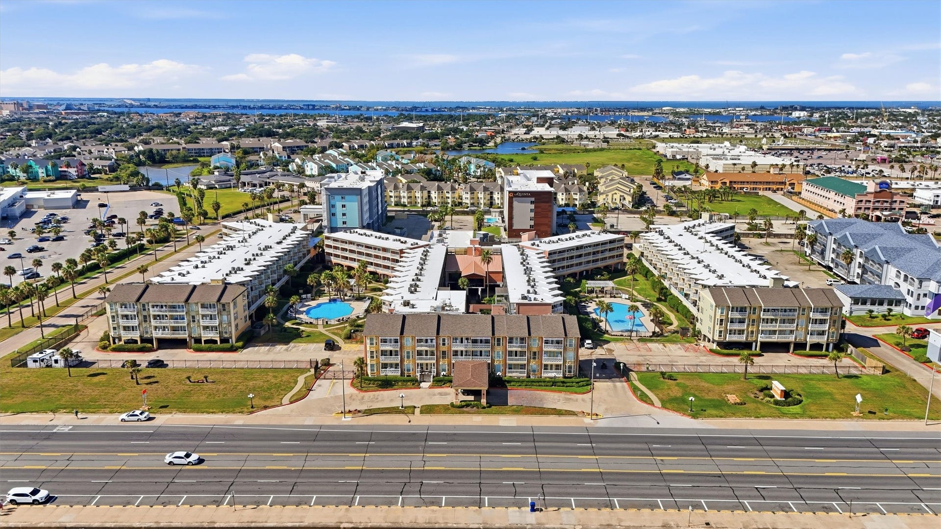 6300 Seawall Boulevard, #9321, Galveston, TX 77551 Aerial view of The Victorian, with both pools at the heart of the community