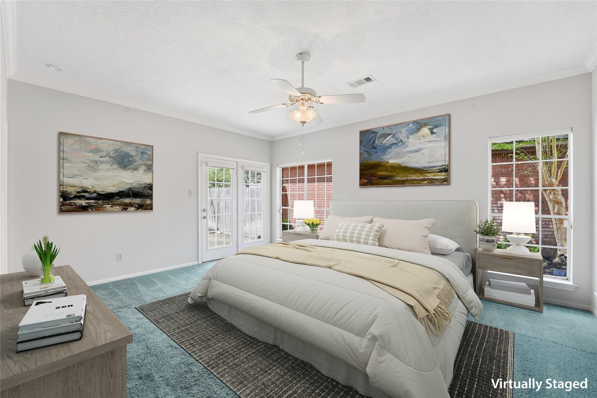 3203 Hickory Brook Lane, Houston, TX 77345 Primary bedroom with natural light and a private ensuite bathroom. Virtually staged.