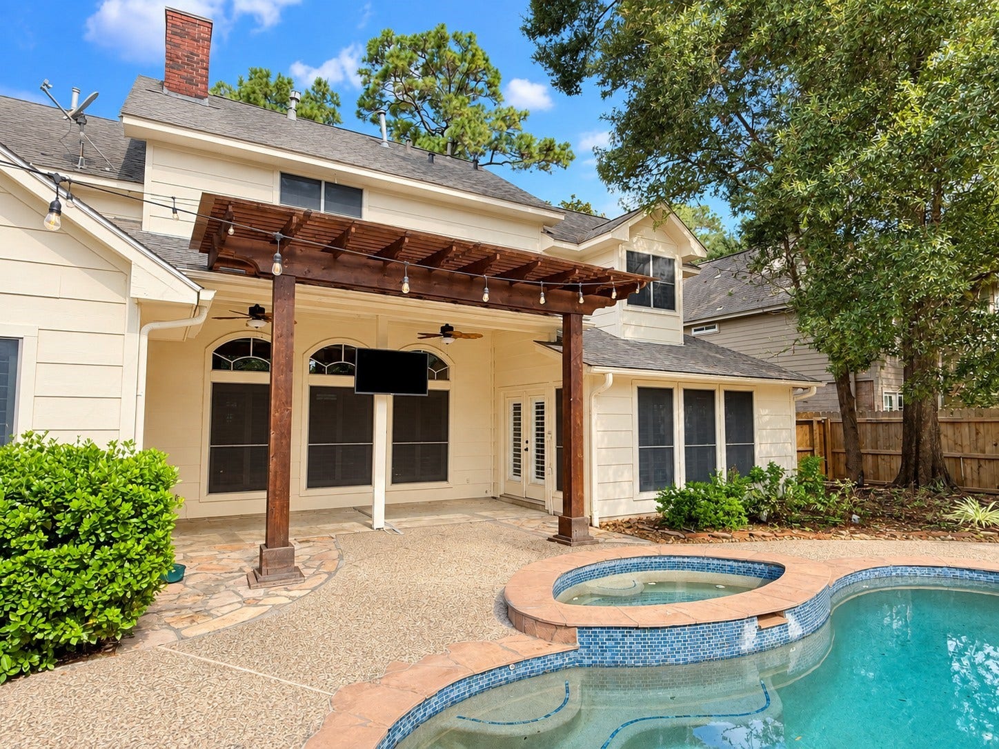 5814 Woodland Creek Drive, Kingwood, TX 77345 Relax on the covered back patio. Enjoy views of the pool and private backyard.