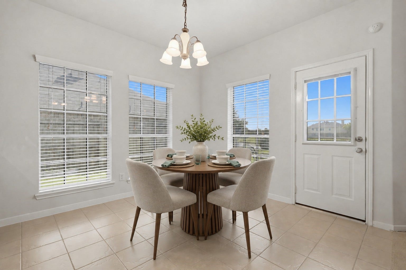 13806 Cove Landing Lane, Rosharon, TX 77583 The bright breakfast area is surrounded by large windows and offers convenient direct access to the backyard.**Virtually staged