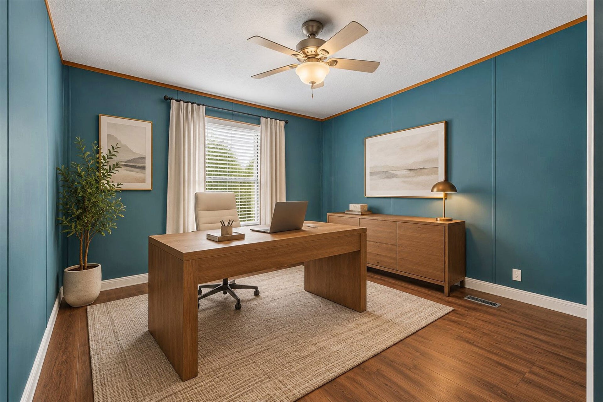 Virtually staged room with multiple windows, ideal for an office, hobby room, or additional living space.