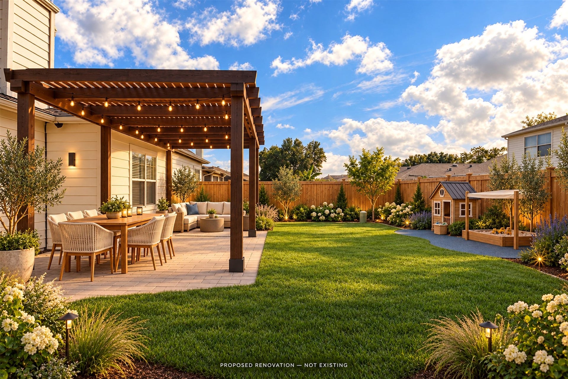6003 Baldwin Elm St, Richmond, TX 77407 Backyard View - AI Staging
***Property is vacant. Photo digitally enhanced with AI; lighting, color, and ceiling appearance adjusted. ***