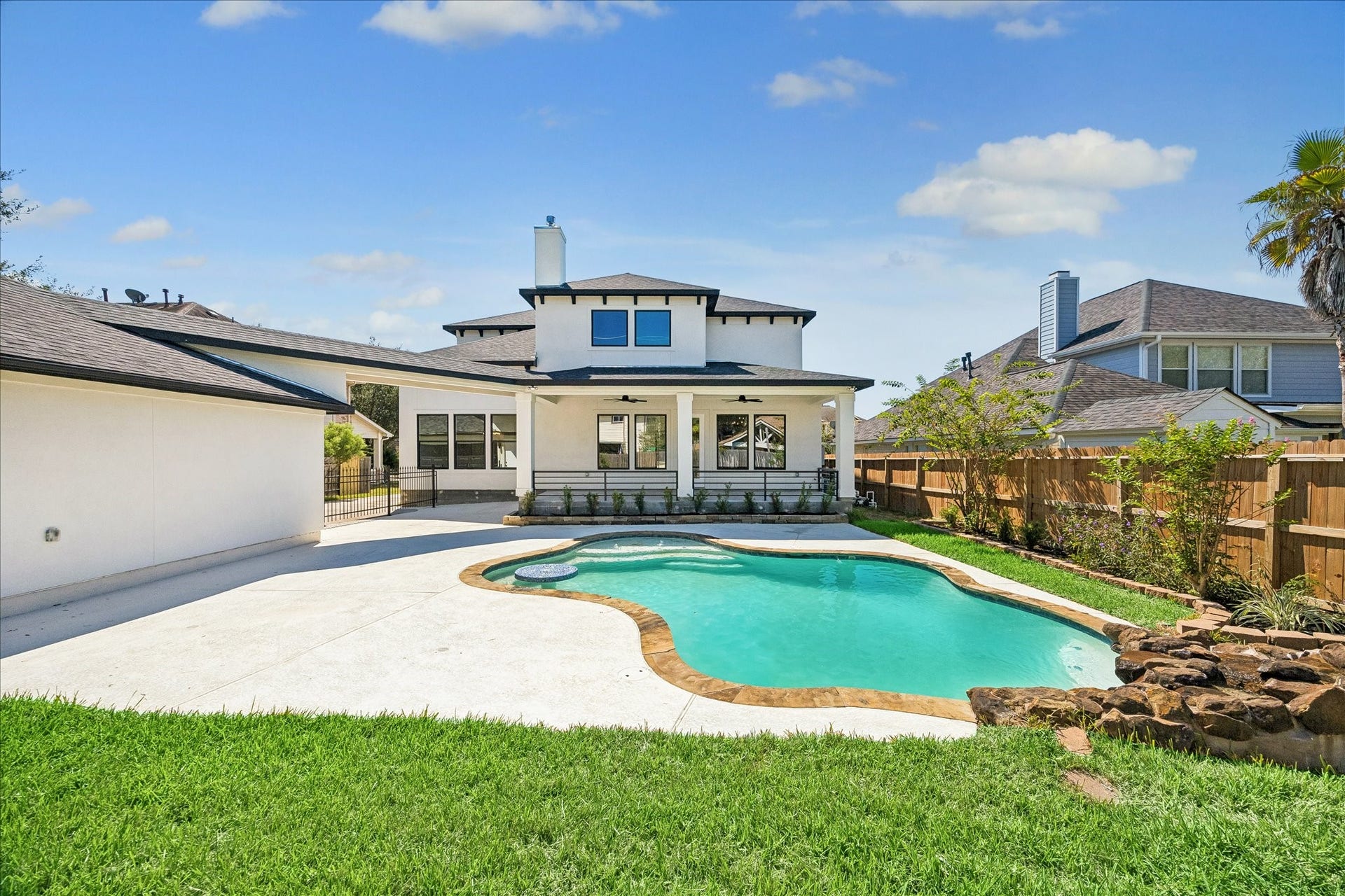 Backyard view of the pool and covered patio, creating an inviting outdoor retreat.