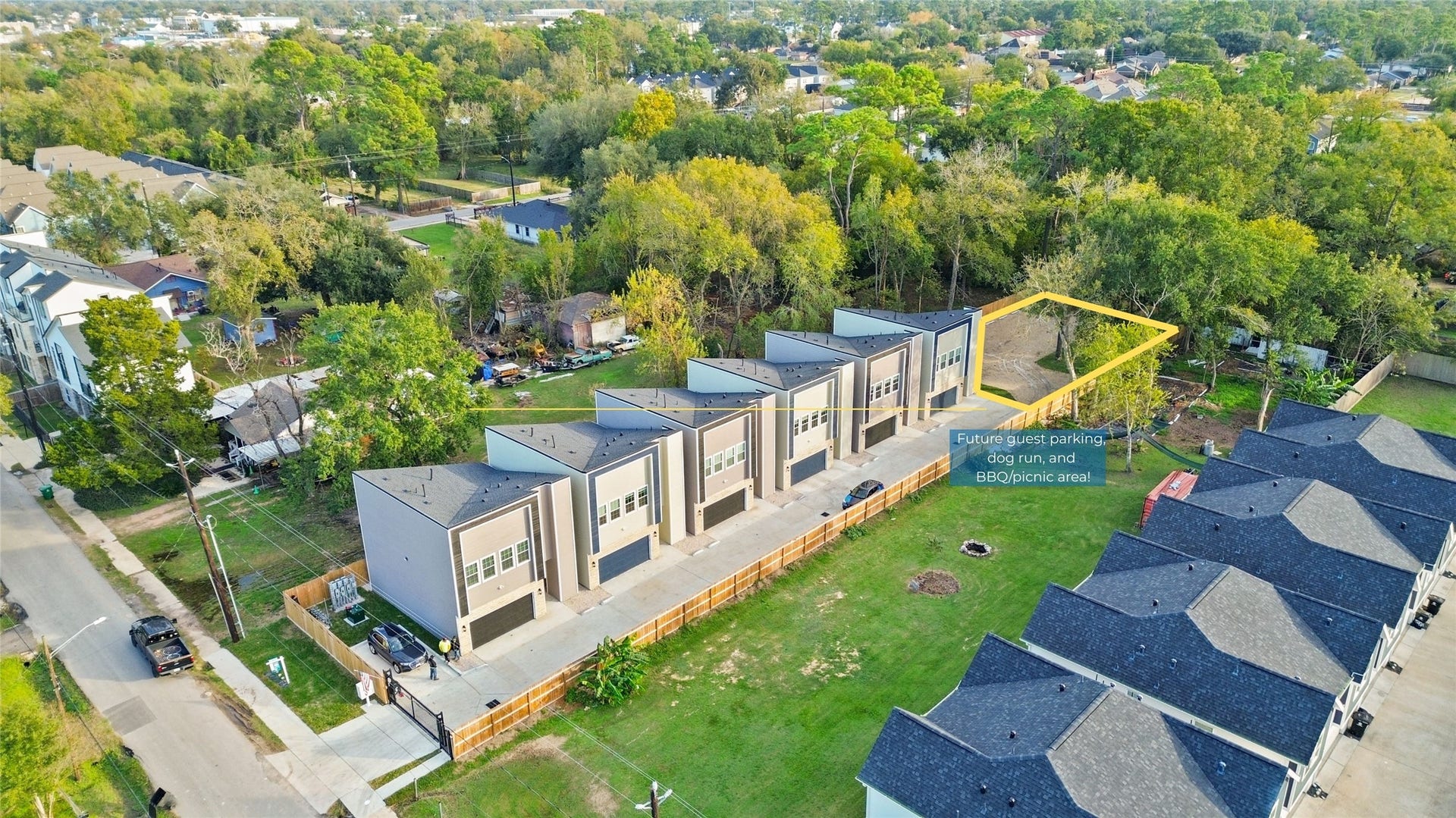 825 Paul Quinn Street, #B, Houston, TX 77091 This aerial perspective shows exactly where the new community space will sit in relation to the homes a quiet, tucked-away corner surrounded by mature trees, creating a peaceful extension of your neighborhood.