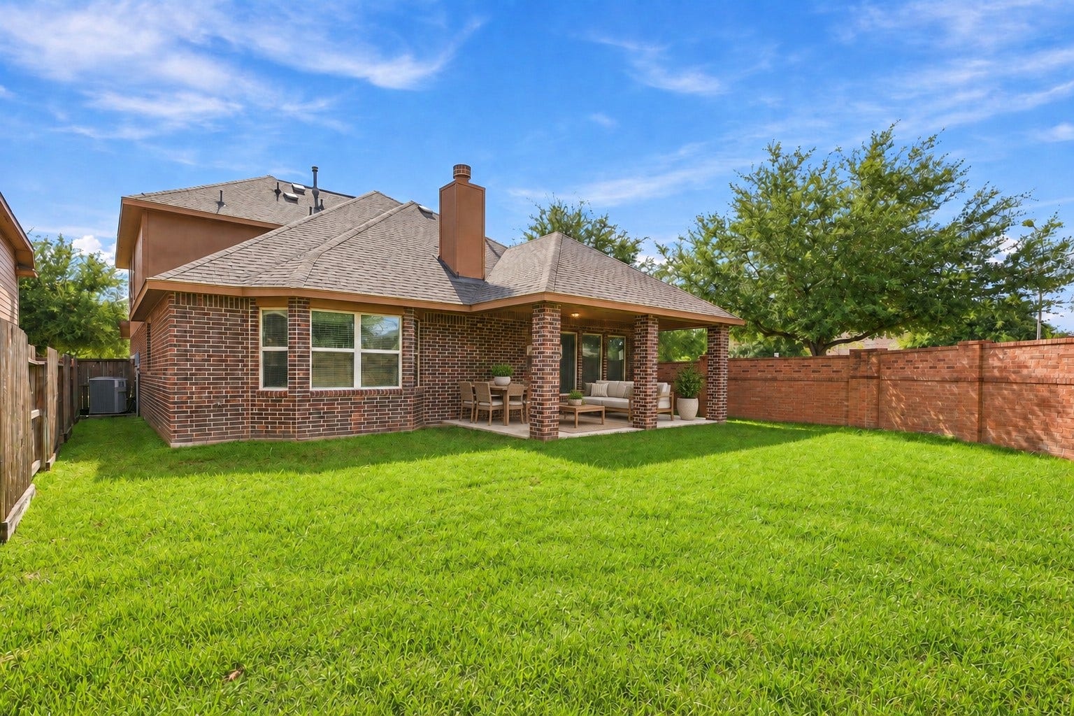 11723 Giovanni Lane, Richmond, TX 77406 A Beautiful Backyard with Plenty of Room to Enjoy! This view highlights the expansive grassy backyard, privacy fencing, and attractive brick rear elevation. The covered patio provides a wonderful extension of the living space for outdoor dining or relaxing, while the generous lawn gives everyone room to spread out and enjoy the sunshine. *Photo is virtually staged*