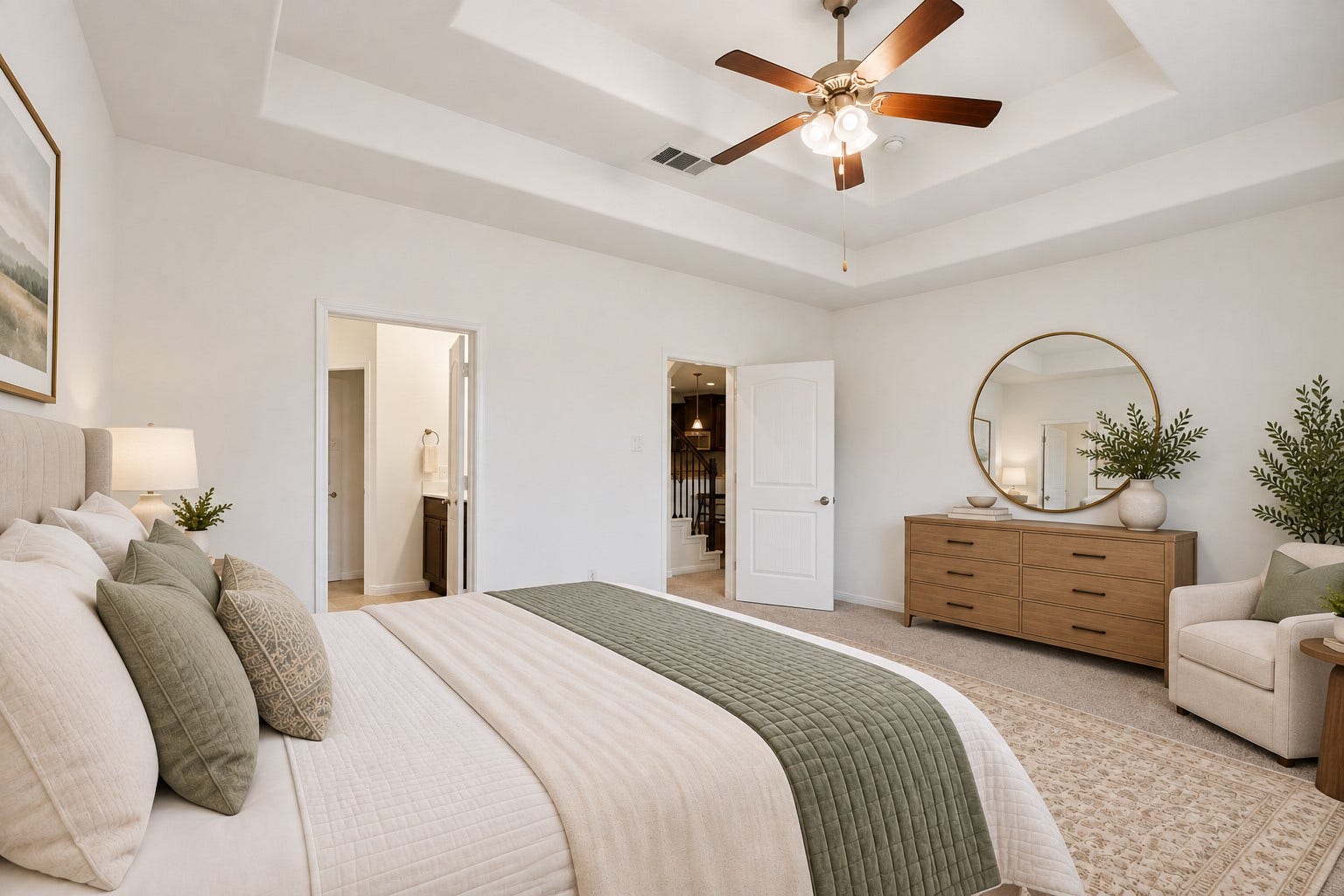 11723 Giovanni Lane, Richmond, TX 77406 Spacious & Beautifully Inviting! This lovely primary bedroom offers plenty of room, high ceilings, a ceiling fan, and large windows that fill the space with natural light. The neutral finishes create a warm and restful atmosphere, while the elegant French doors lead directly toward the primary bath. *Photo is virtually staged*