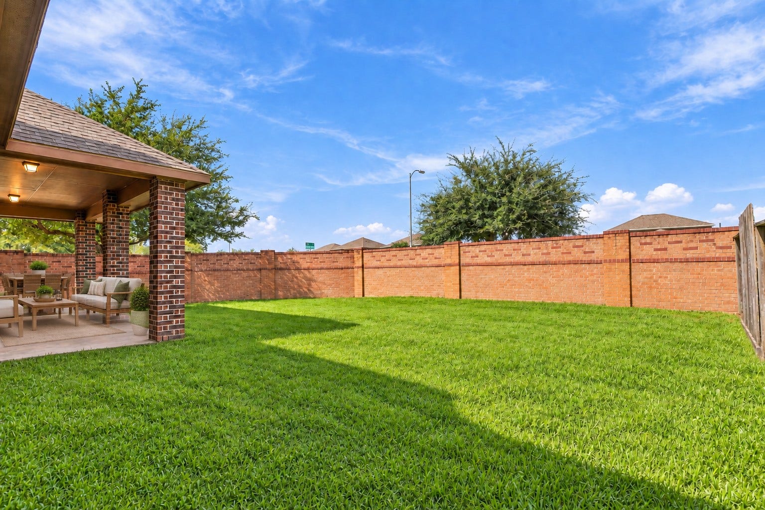 11723 Giovanni Lane, Richmond, TX 77406 Look at This Beautiful Backyard! The spacious, lush green lawn provides plenty of room to relax, play, or entertain outdoors. The fully fenced yard offers privacy and a wonderful sense of space, while the covered patio creates the perfect spot for enjoying the outdoors in comfort. A lovely private retreat right at home! *Photo is virtually staged*