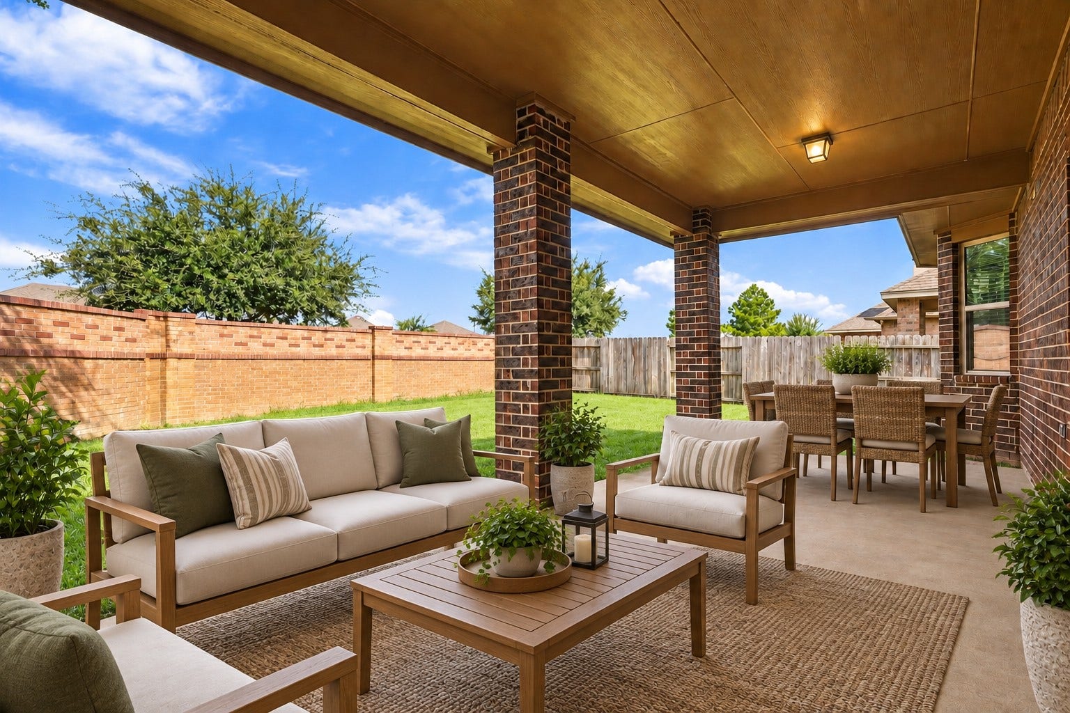 11723 Giovanni Lane, Richmond, TX 77406 A Wonderful Outdoor Retreat! Now this is a covered patio made for relaxing and entertaining! The spacious covered area provides plenty of room for comfortable seating and outdoor dining, while the brick columns and warm ceiling details add beautiful character. Beyond the patio, the private fenced backyard offers a peaceful setting to enjoy morning coffee, weekend gatherings, or a quiet evening outdoors. *Photo is virtually staged*