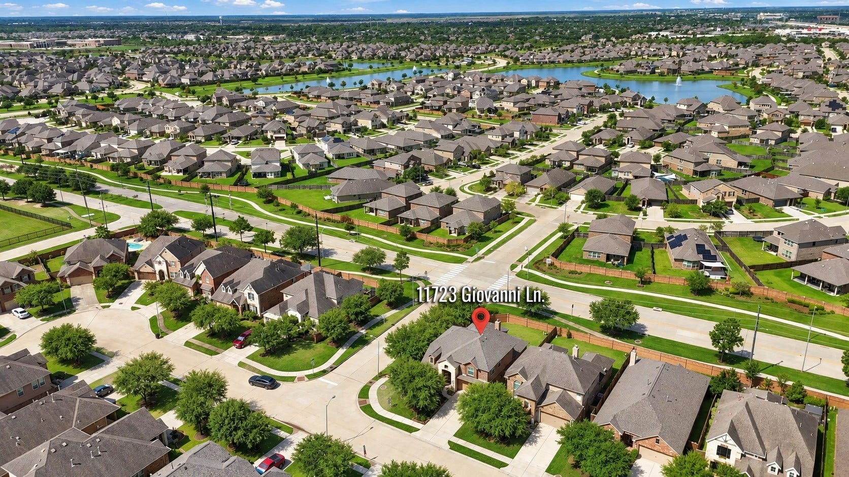 11723 Giovanni Lane, Richmond, TX 77406 Beautiful Aerial View of the Neighborhood! From above, you can appreciate the attractive community layout, well-maintained homes, tree-lined streets, and beautifully landscaped surroundings. The neighborhood offers a wonderful combination of established landscaping, thoughtfully designed streets, and nearby green spaces.