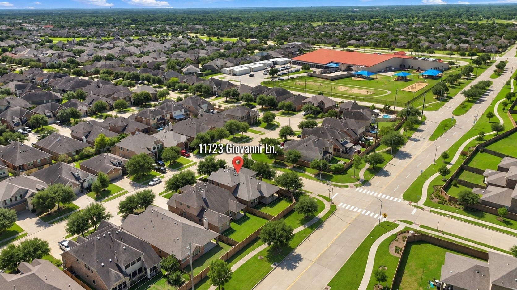 11723 Giovanni Lane, Richmond, TX 77406 Wonderful Community Setting! This elevated view showcases the beautifully planned neighborhood, winding streets, landscaped homesites, and surrounding amenities. The spacious community layout and abundant green spaces create an inviting setting that is easy to appreciate from above.