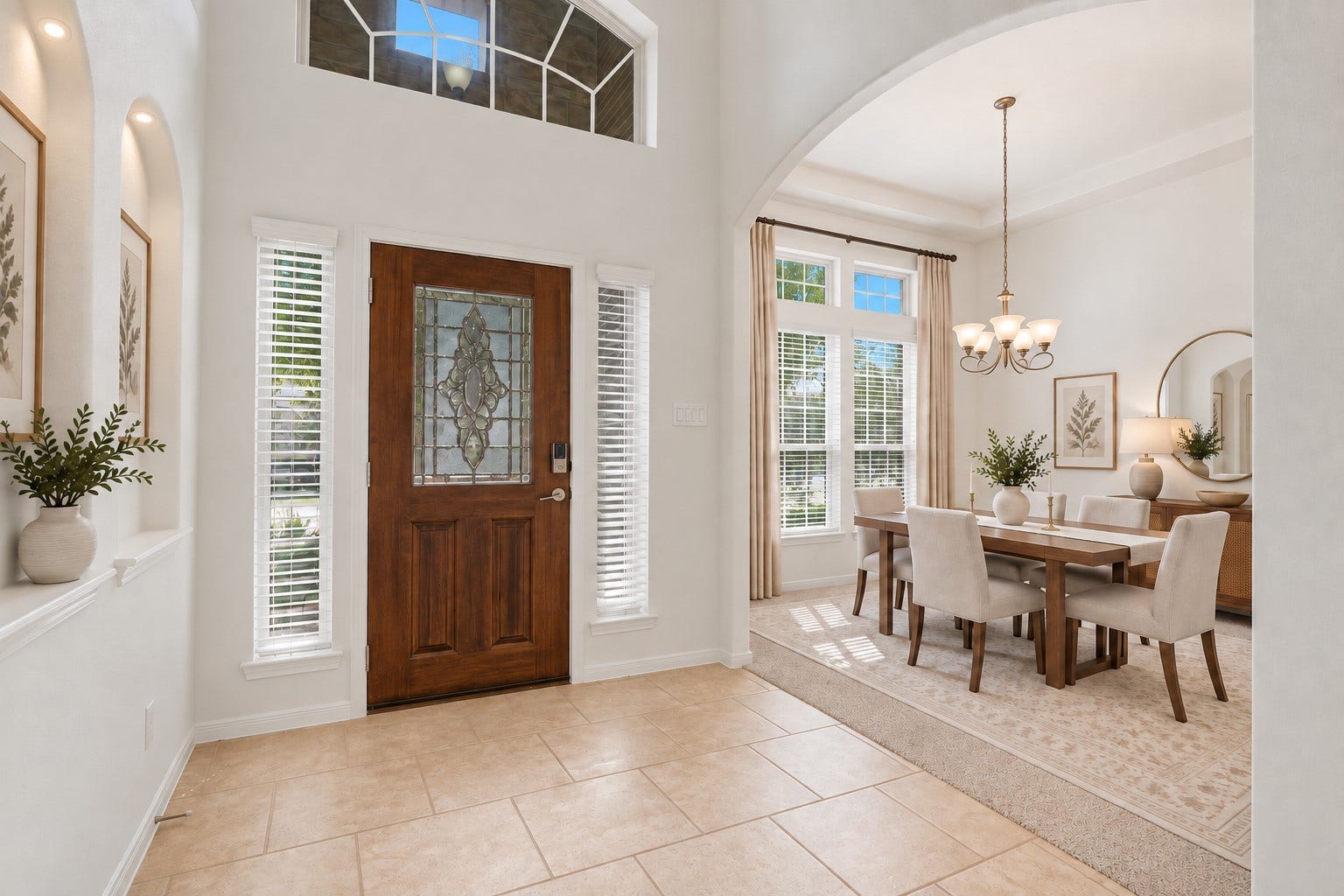 11723 Giovanni Lane, Richmond, TX 77406 A Beautiful Welcome for Family and Friends! The grand foyer opens beautifully toward the formal dining area, creating an effortless flow for entertaining. Soaring ceilings, elegant arches, beautiful tile flooring, decorative niches, and abundant natural light make this space feel bright and welcoming. A gracious introduction to this wonderful home! *Photo is virtually staged*