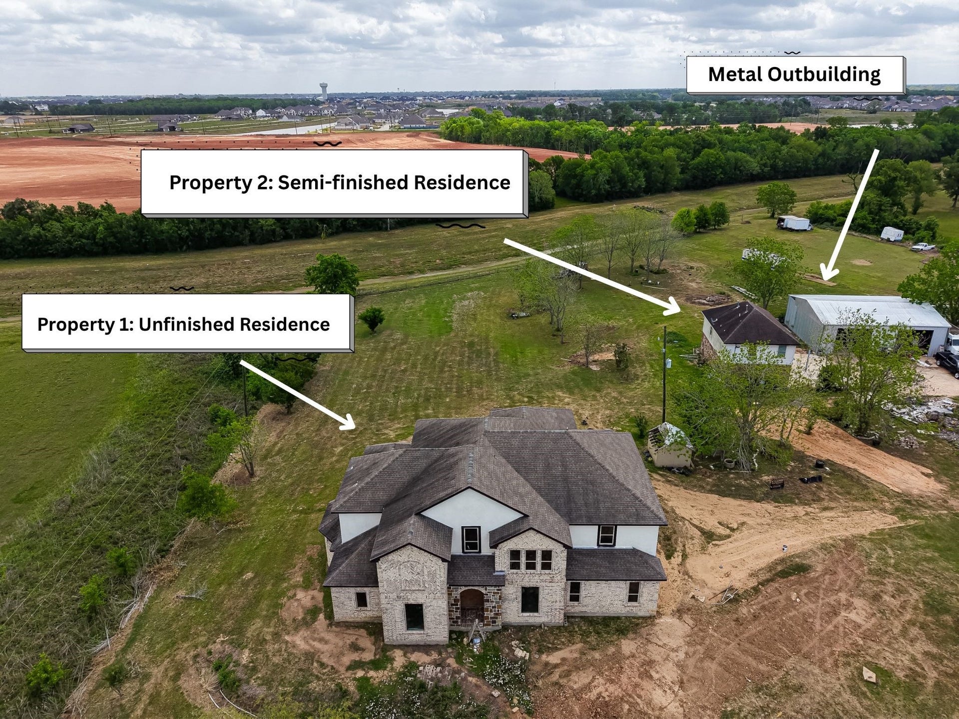 8023 Pool Hill Road, Fulshear, TX 77441 Aerial overview of the property highlighting the unfinished residence, semi-finished residence, metal outbuilding, and expansive rural surroundings.
