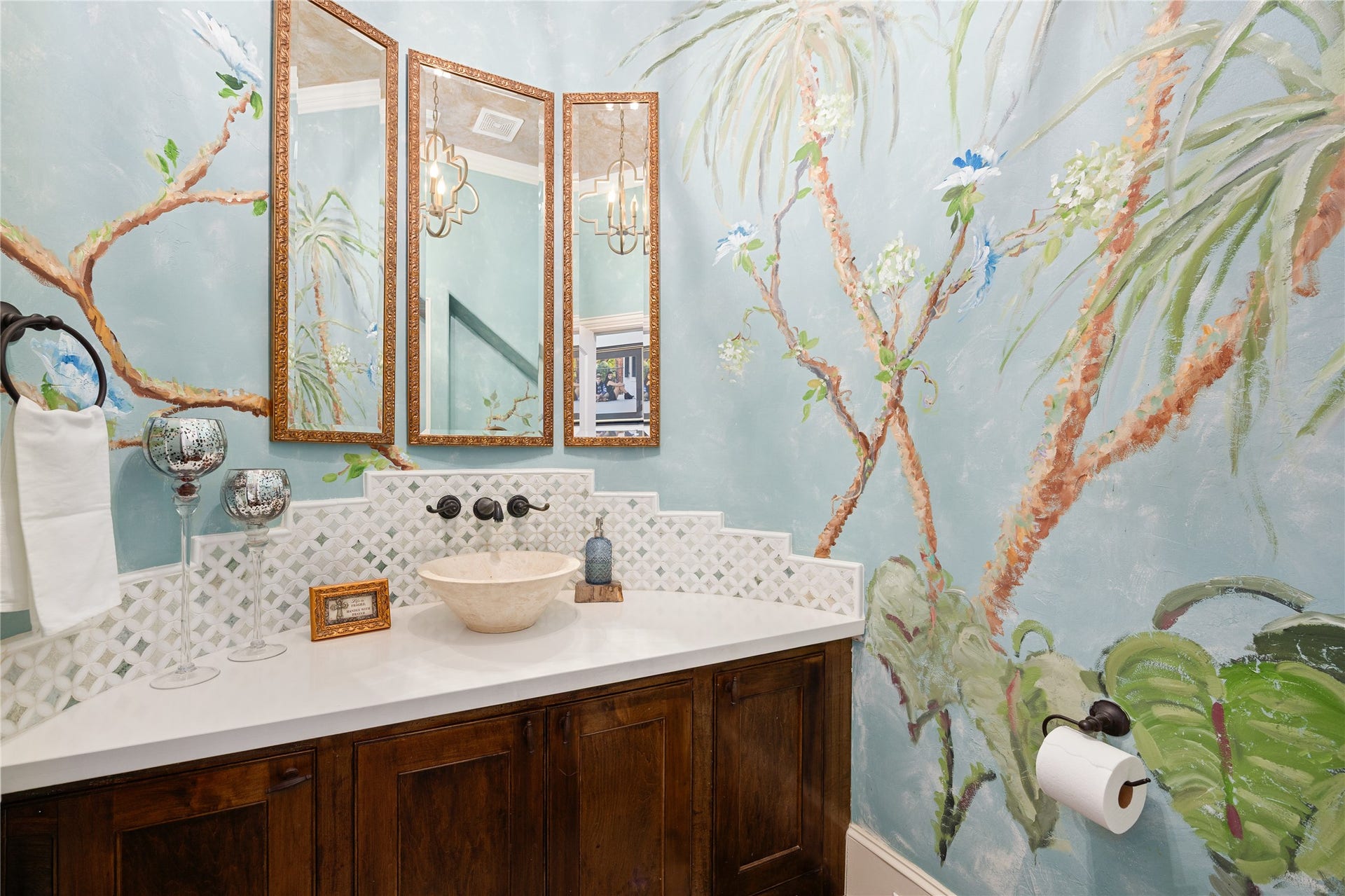 330 E Gaywood Drive, Houston, TX 77079 Half-bath under the stairs has a beautiful painted mural.