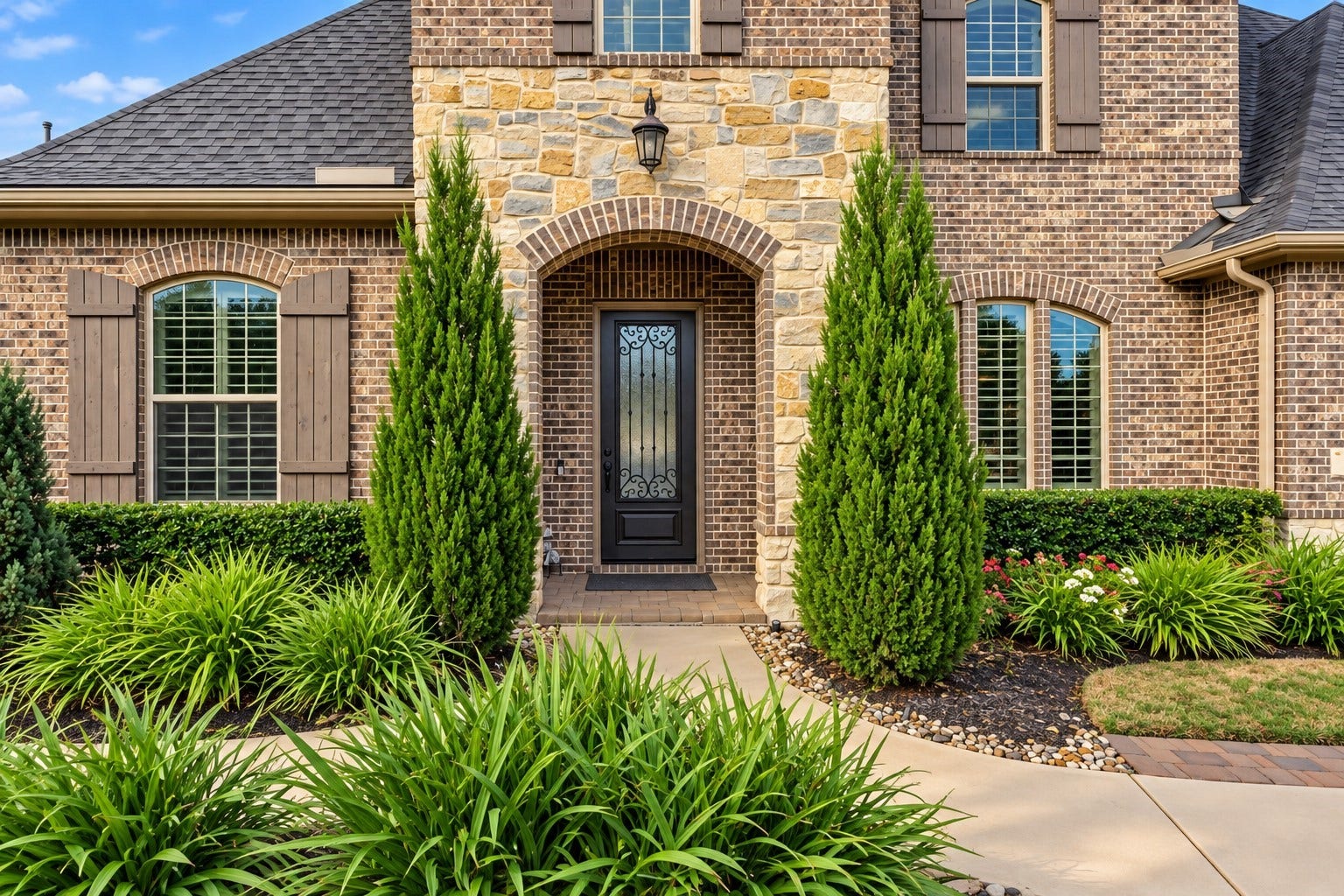 Covered front entrance featuring a stone archway, decorative iron-and-glass door, and inviting landscaping.