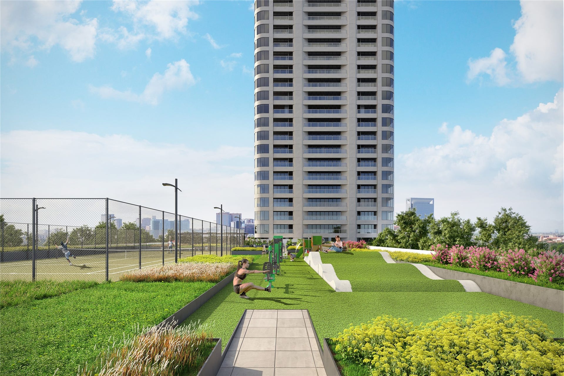 1701 Hermann Drive, #24B, Houston, TX 77004 Community garden, outdoor fitness circuit and illuminated tennis court.