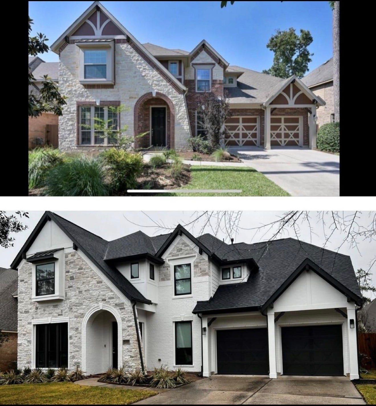 142 Pronghorn Place, Montgomery, TX 77316 Before and after of the exterior front, including hand-stained brick. Part of the over $16,000 renovation in 2022.