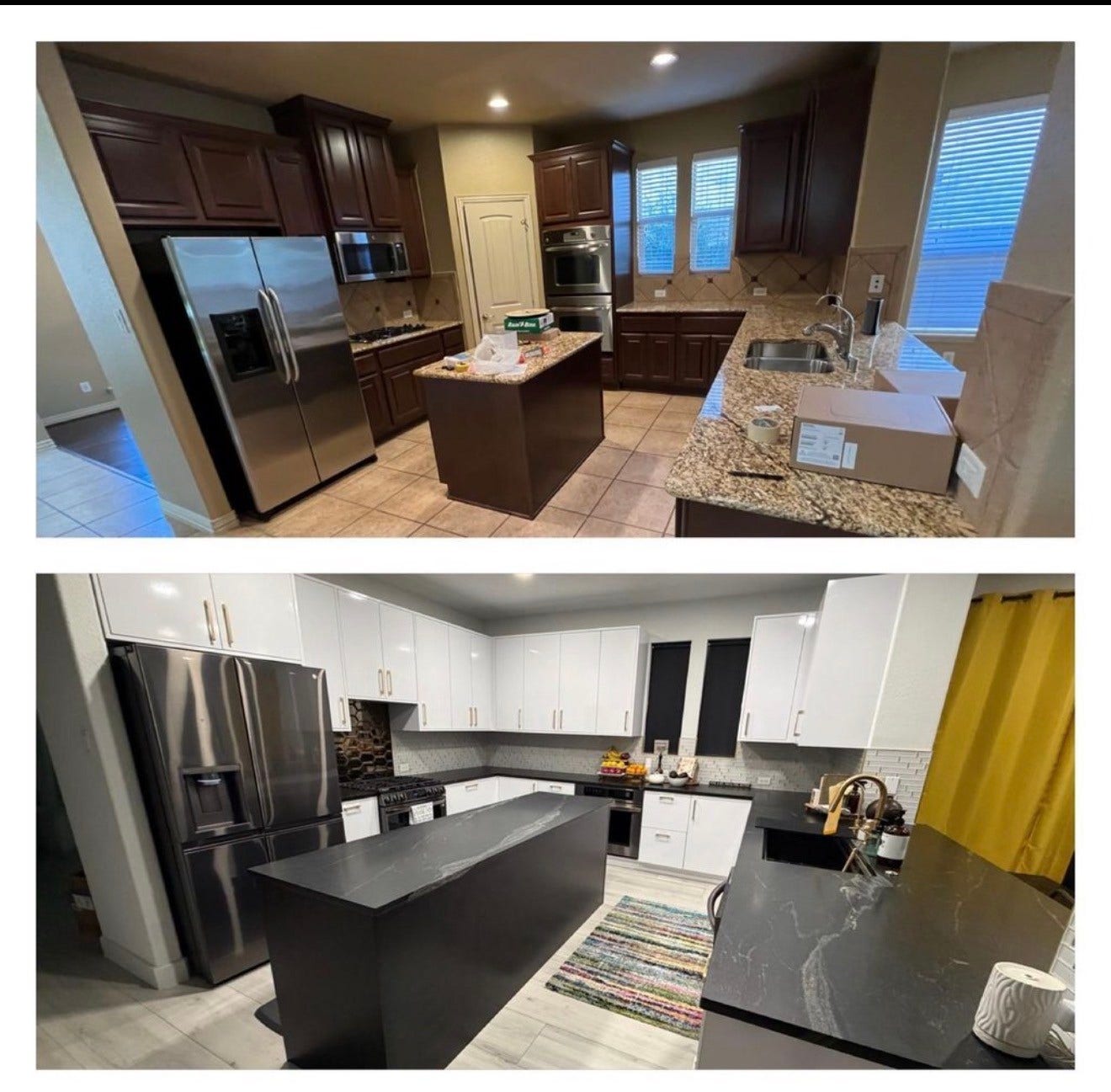 142 Pronghorn Place, Montgomery, TX 77316 Before and after of the kitchen. - All NEW tile, custom cabinets. granite countertops, high-end backsplash, appliances with double oven and gas range, work-station sink, windows. Part of the over $160,000 renovation in 2022.