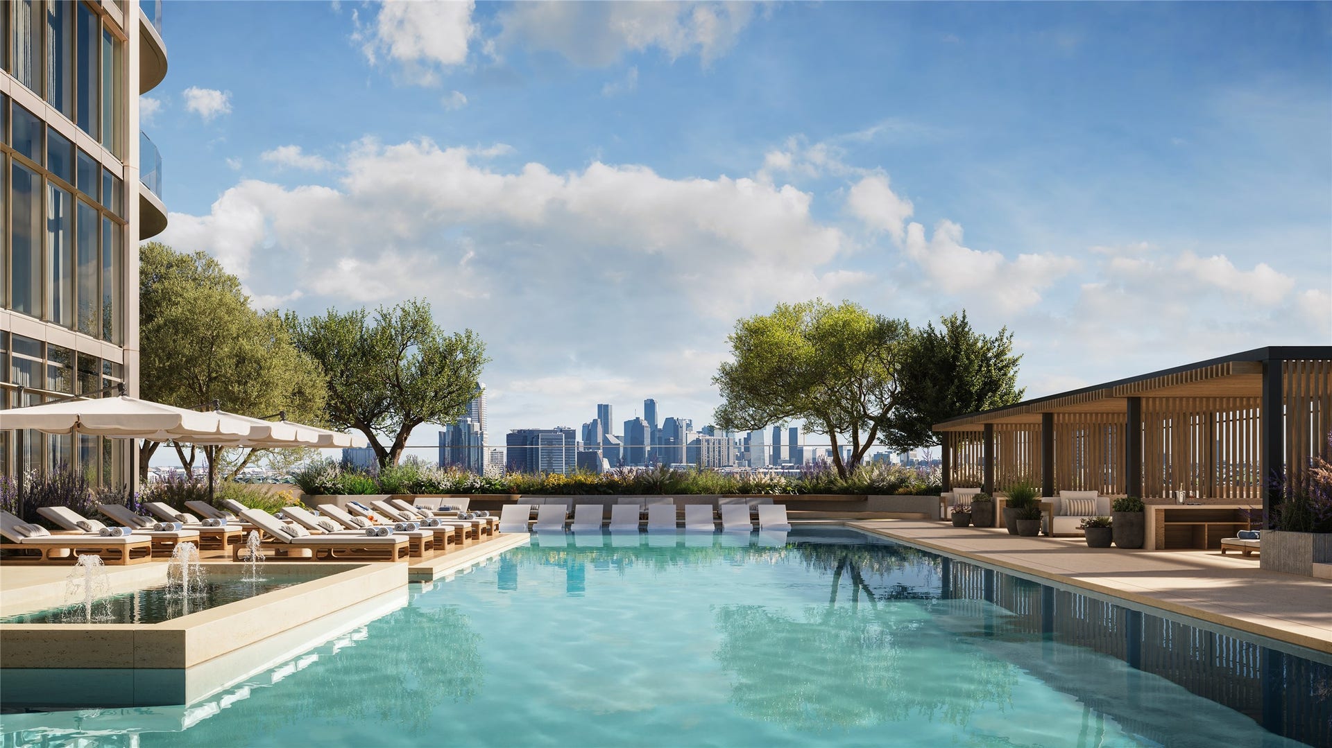 102 Asbury Street, #1104, Houston, TX 77007 The Skyline Resort Pool and sundeck overlook the iconic Houston skyline. This serene area is thoughtfully designed with private cabanas, towel service, and outdoor grilling stations.