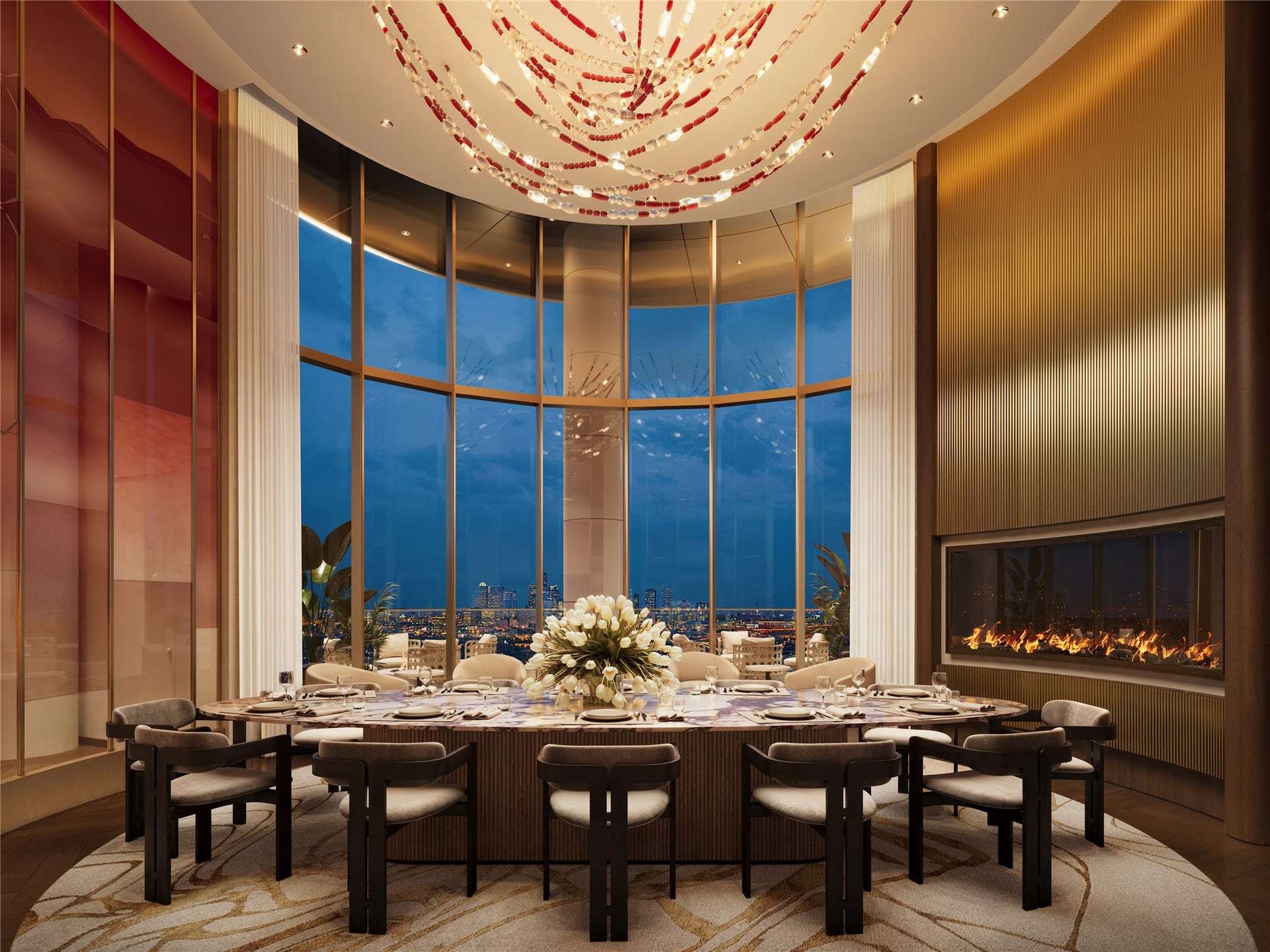 102 Asbury Street, #1104, Houston, TX 77007 Located just off the Cognac Bar, residents have the Astor Dining Room available to them and their guests. Enjoy hosting a dinner party with ease in this grand space, featuring stunning skyline views, complemented by a conveniently located catering kitchen on the same level.
