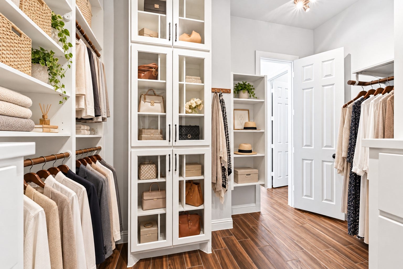 Custom storage at its finest! Thoughtfully designed built-ins provide the perfect place to organize and display your purses, shoes, accessories & more. Everything has its own special place in this impressive walk-in closetbeautiful, functional & truly custom!