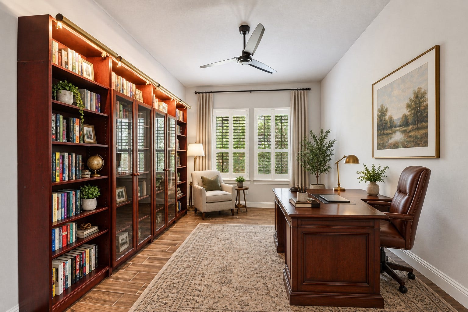 Beautiful private home office thoughtfully tucked away for added privacy! Featuring impressive tall ceilings, a custom ceiling fan & plenty of space to create the perfect work-from-home retreat. Stylish, quiet and designed for productivity! Photo is Virtually Staged.