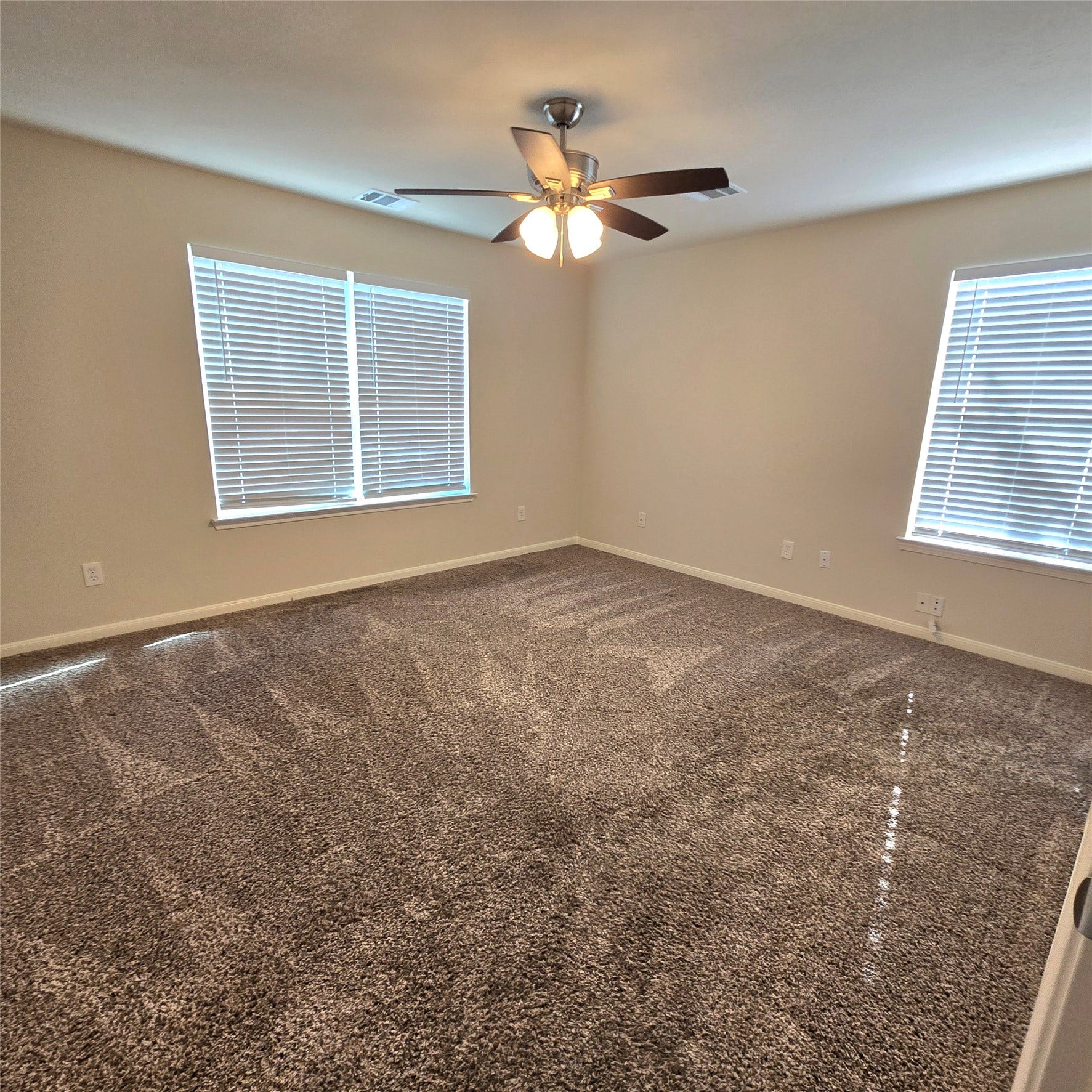 12006 Audubon Hill Court, Houston, TX 77038 Primary bedroom on first floor. Lots of natural light and ceiling fan with light fixture.