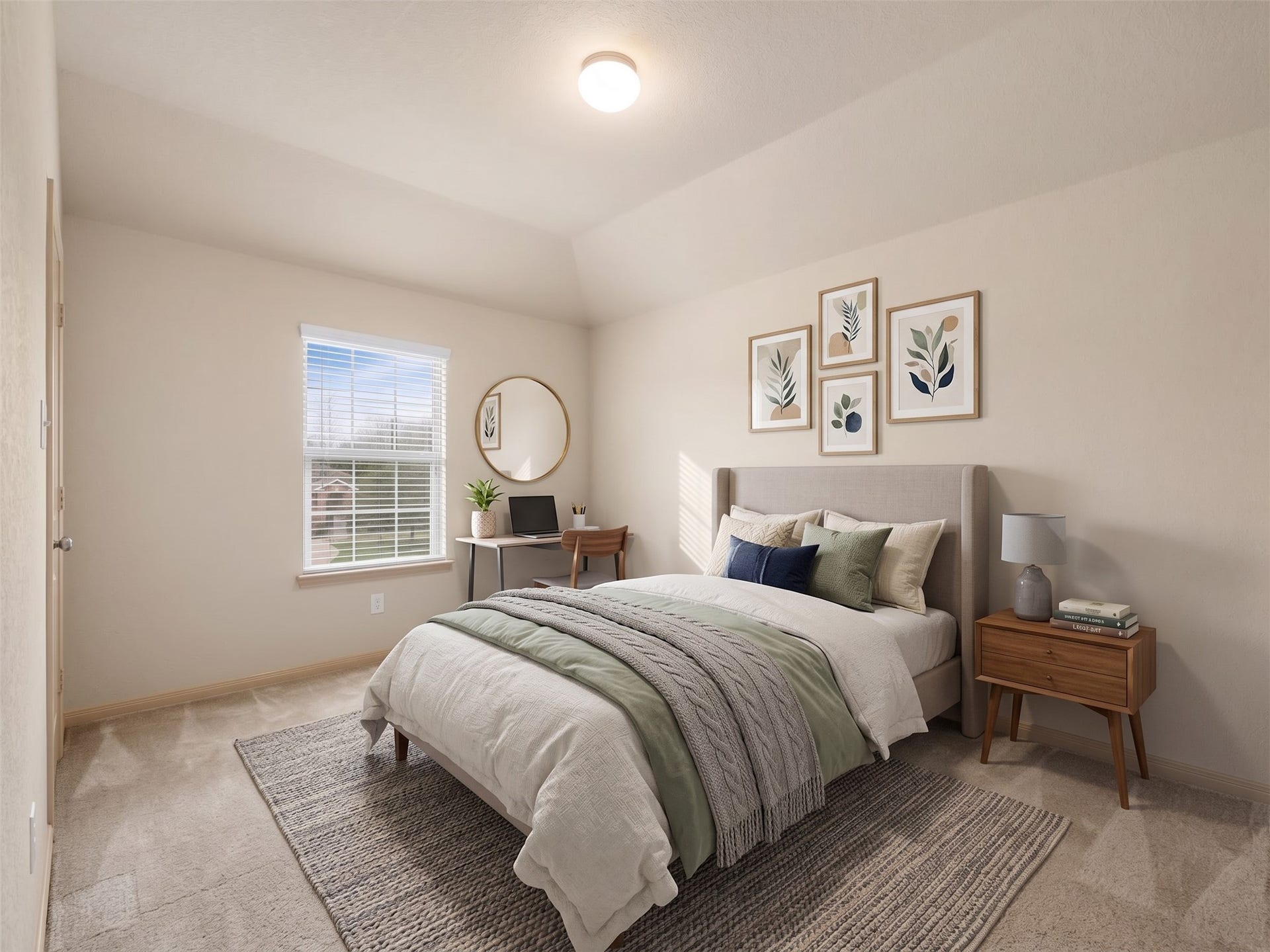 Virtually staged secondary bedroom featuring plush carpeting, a vaulted tray ceiling, neutral finishes, and natural light, ready to be tailored as a guest room or home office.