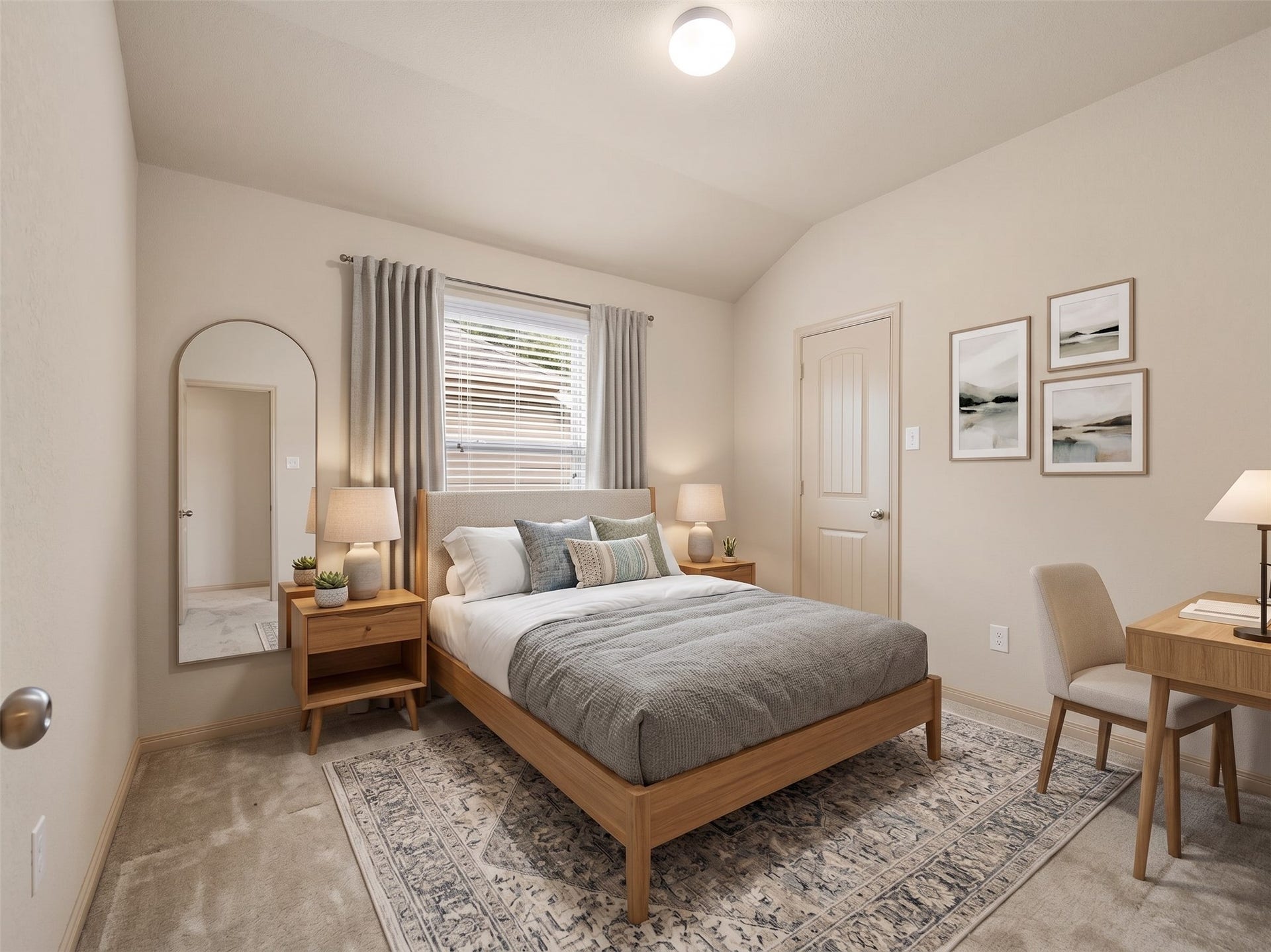 Virtually staged secondary bedroom showcasing an efficient layout for a full bed, nightstands, and a dedicated desk, complete with soft neutral decor and framed window drapery.