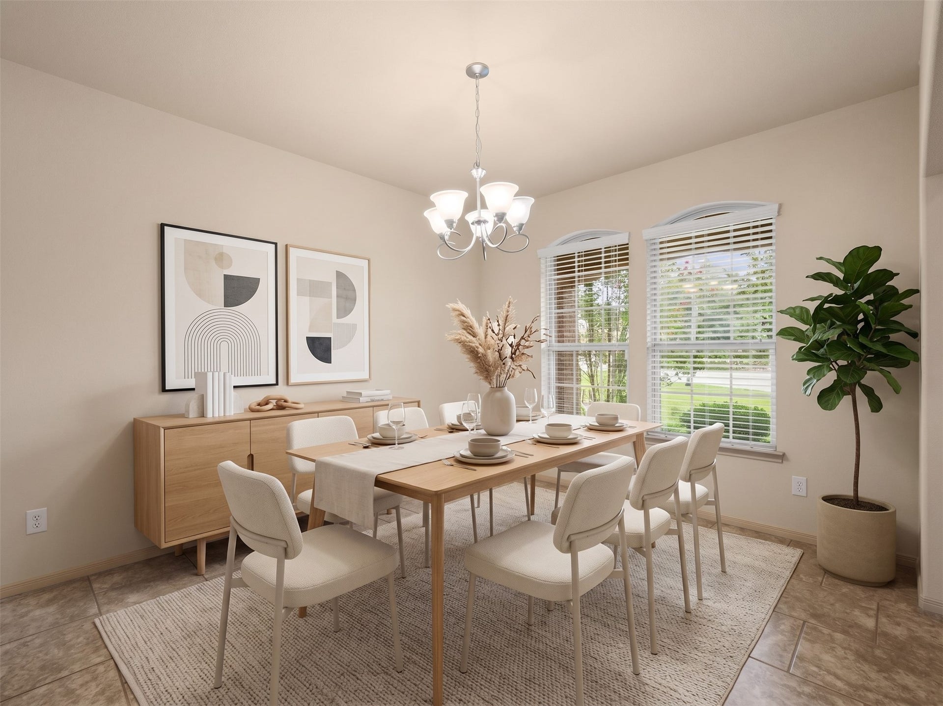 Virtually staged front formal dining room featuring tile floors, classic lighting, and natural light. This versatile space, adjacent to the entry, offers flexibility for use as a home office or formal dinning area.