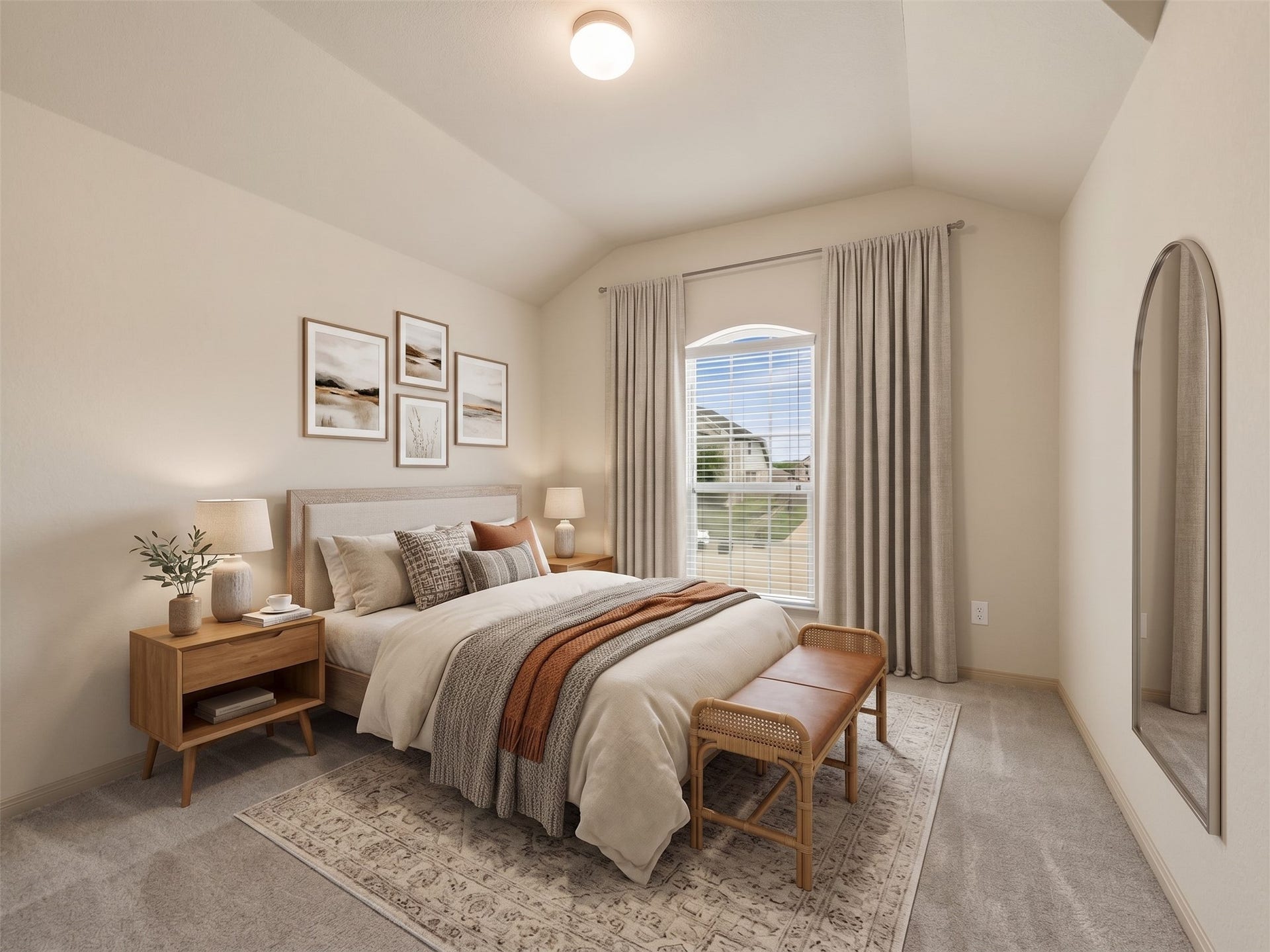 Virtually staged secondary bedroom illustrating a stylish layout for a queen bed, nightstands, and seating beneath dramatic vaulted ceilings and a framed arched window.