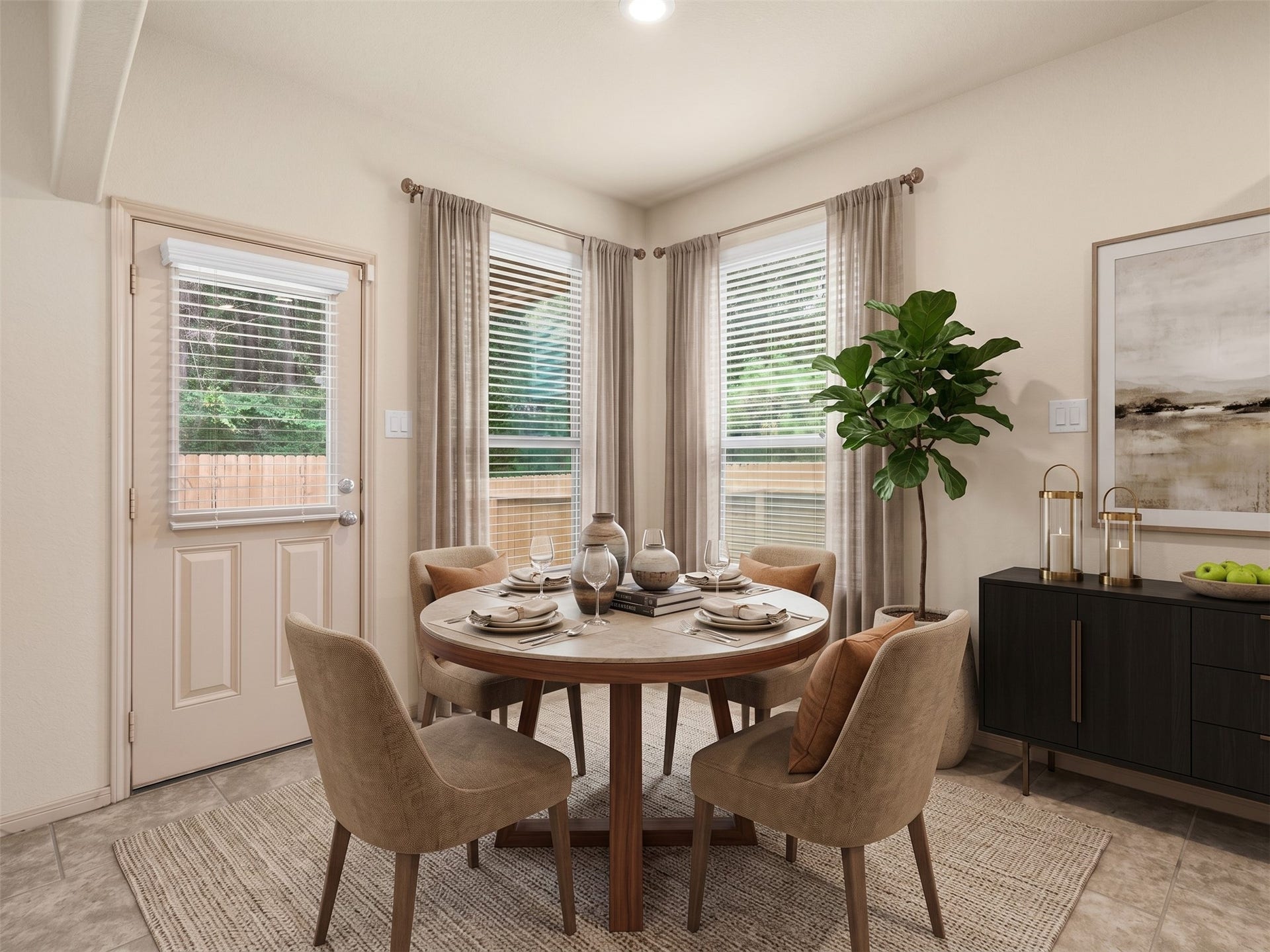 Virtually staged breakfast area featuring abundant natural light, low-maintenance tile floors, and seamless access to the newly fenced backyard.