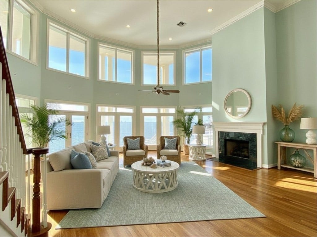 919 Long Reach Drive, Tiki Island, TX 77554 Virtual staging was done to show one of the seating arrangements. Cozy up to the fireplace while watching the ever changing bay views.