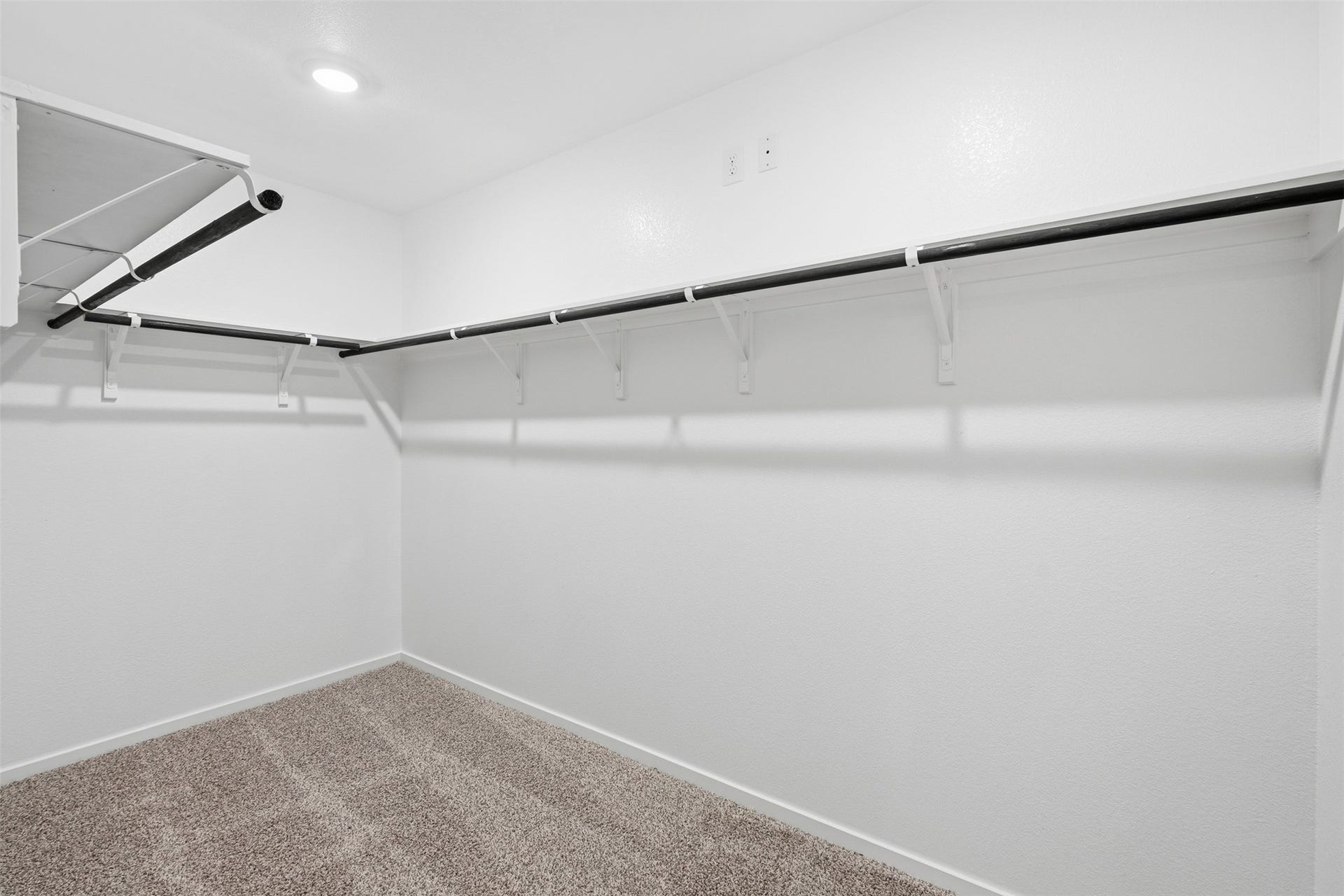 Spacious walk-in closet with ample hanging space and soft carpeting, offering a bright and organized storage solution.