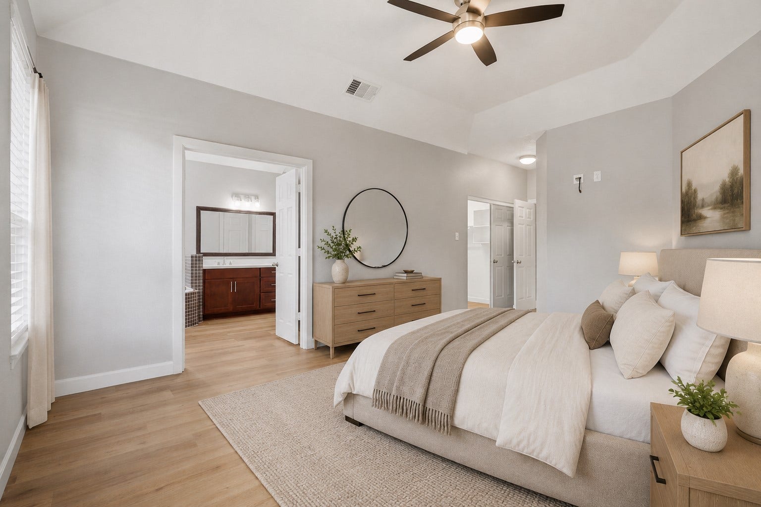 No carpet anywherejust gorgeous large-plank luxury wood-look vinyl flooring flowing throughout the home for timeless beauty and easy maintenance. Photo is Virtually Staged. Now, let's step into the luxurious spa-inspired primary bathroom and discover the exceptional features that await!