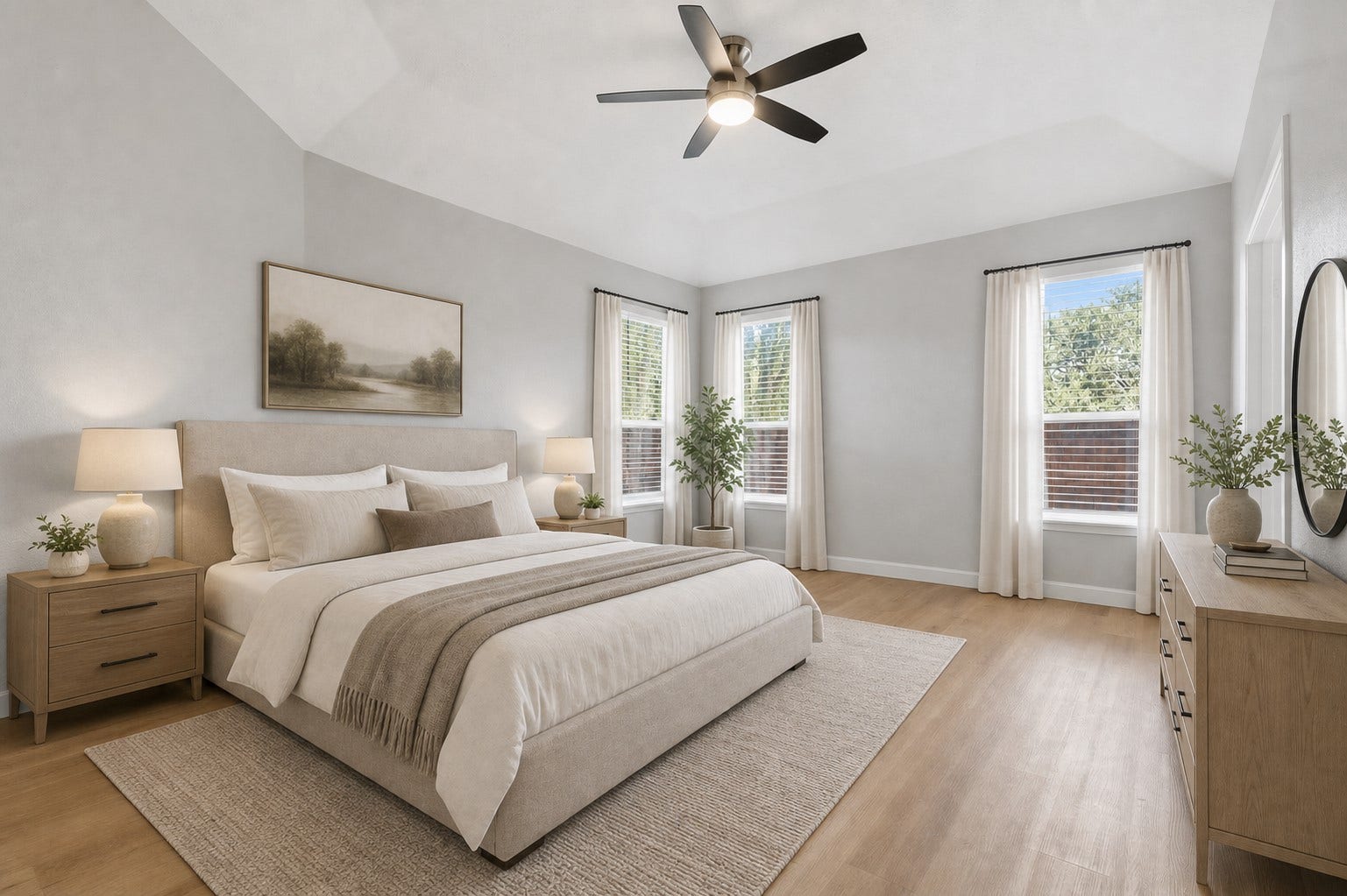 Escape to your amazing private primary suite retreat, featuring dramatic coffered ceilings, a custom remote-controlled ceiling fan, and walls of energy-efficient insulated vinyl windows that fill the room with natural light while overlooking your private courtyard. This breathtaking primary suite offers the perfect blend of luxury, comfort, and tranquility, creating a peaceful retreat you'll love coming home to. Virtual stage!