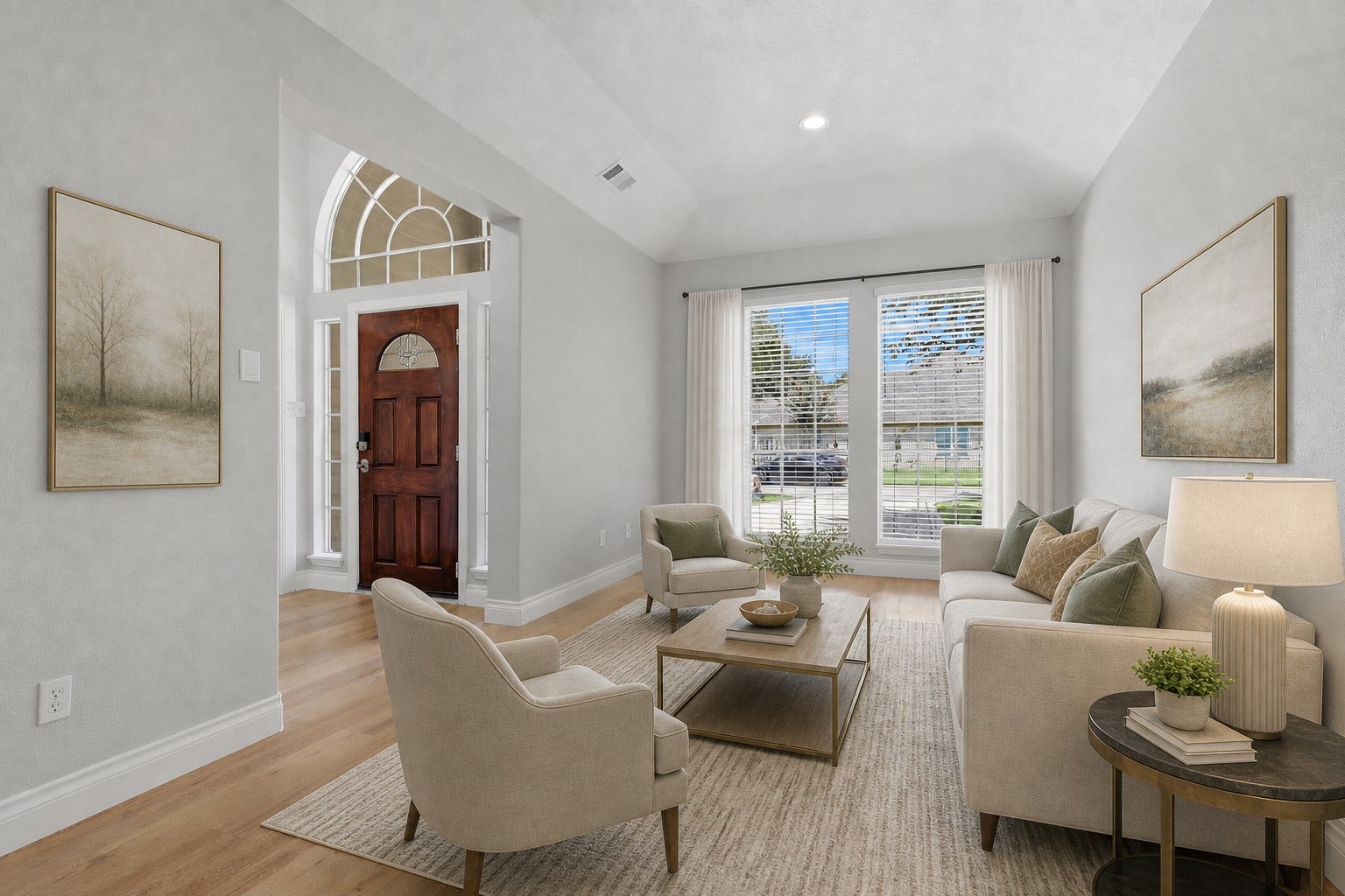 The elegant formal living room welcomes you with dramatic tray ceilings, beautiful oversized custom baseboards, and gorgeous large-plank luxury vinyl flooring. Designed with an open, flowing layout, this inviting space transitions seamlessly into the formal dining room, creating the perfect setting for entertaining guests or celebrating special occasions in style.  Virtual stage!