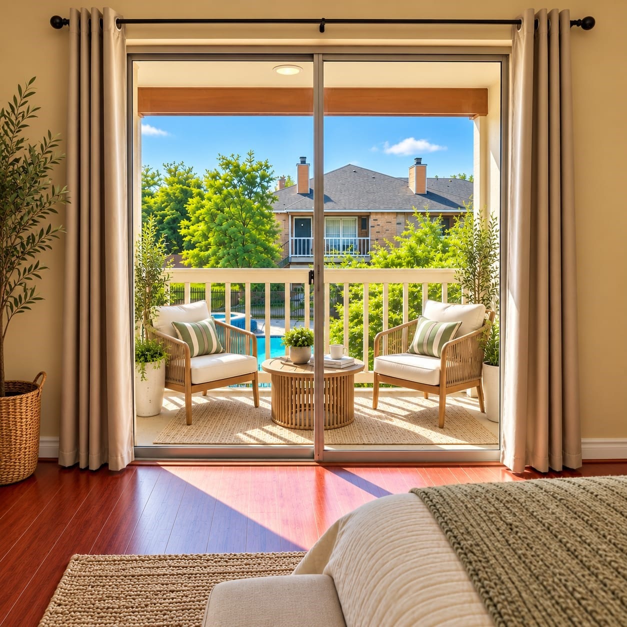 Primary Bedroom with Pool View (virtually Staged)