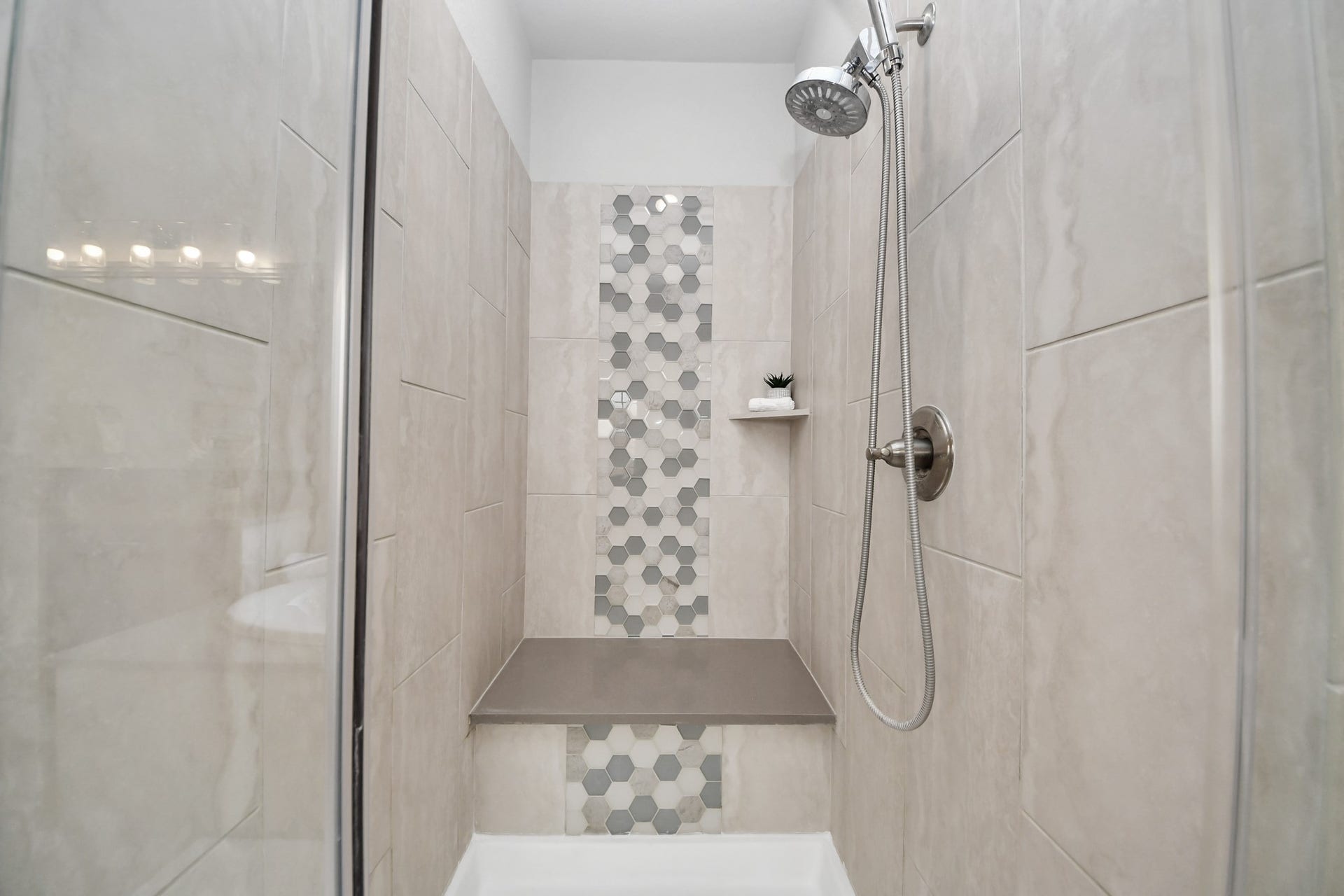 A look into the walk-in shower in primary bathroom