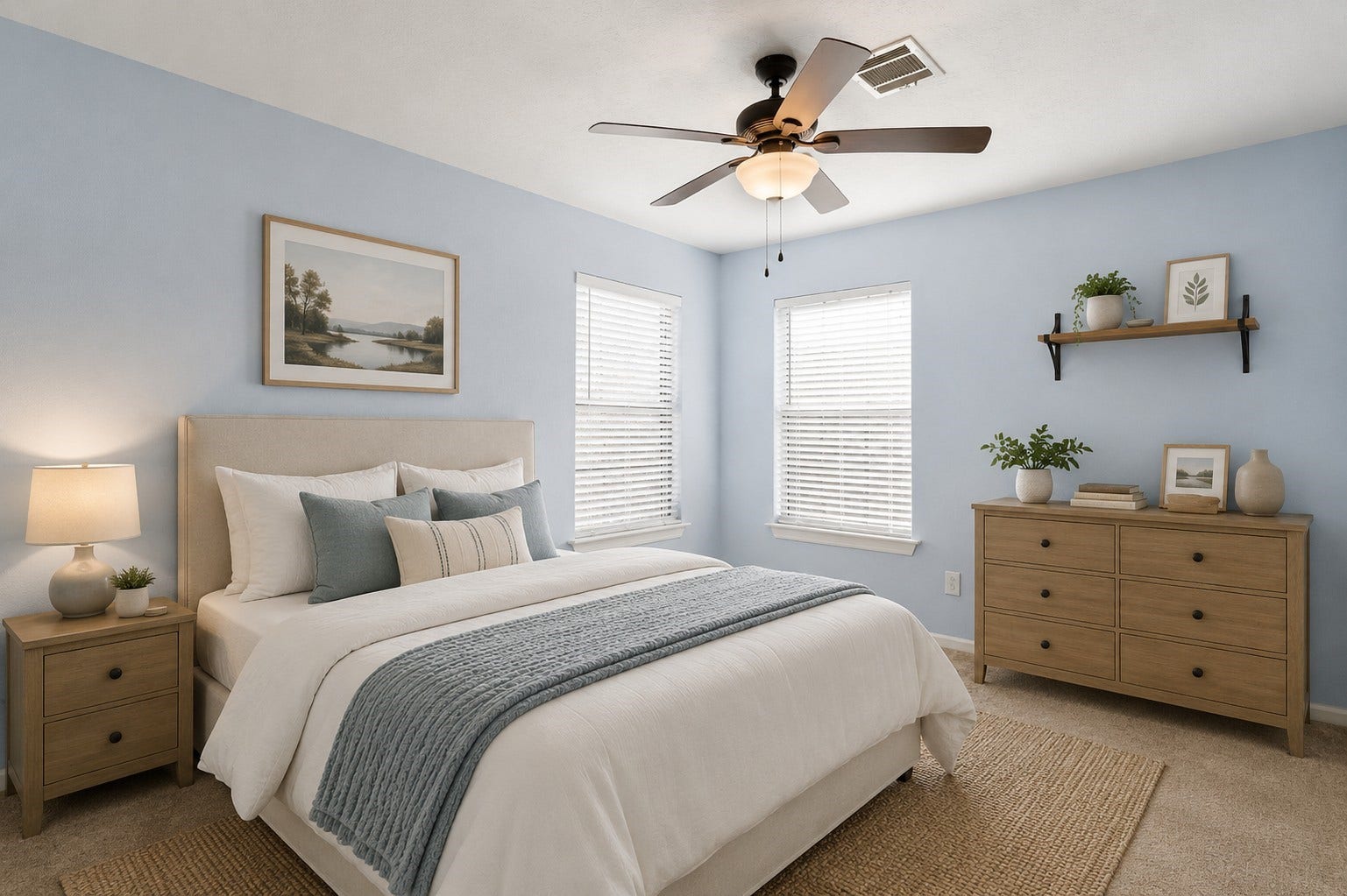 3311 Richmond Ferry Court, Richmond, TX 77406 Virtually Staged: This bright secondary bedroom features soft blue walls, neutral carpeting, and two large windows that bring in abundant natural light. A ceiling fan adds everyday comfort, while the spacious layout provides plenty of flexibility for a full bedroom suite, guest room, or home office.