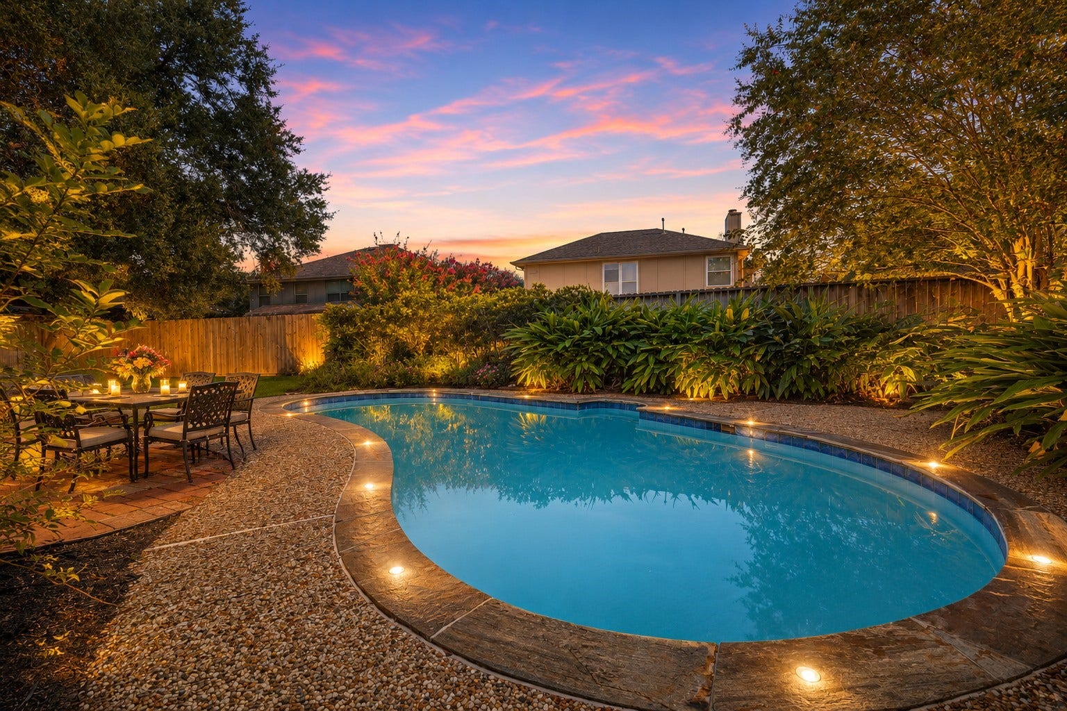 3311 Richmond Ferry Court, Richmond, TX 77406 The expansive pool offers plenty of space for swimming, relaxing, and entertaining, surrounded by a generous patio, lush lawn, and beautiful mature trees.