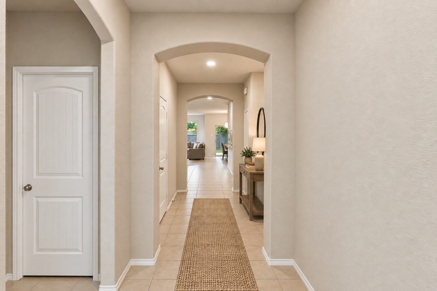 2307 Northern Great White Court, Katy, TX 77449 Virtually Staged: This welcoming foyer features architectural arched doorways and low-maintenance tile flooring that extends down the main central corridor.