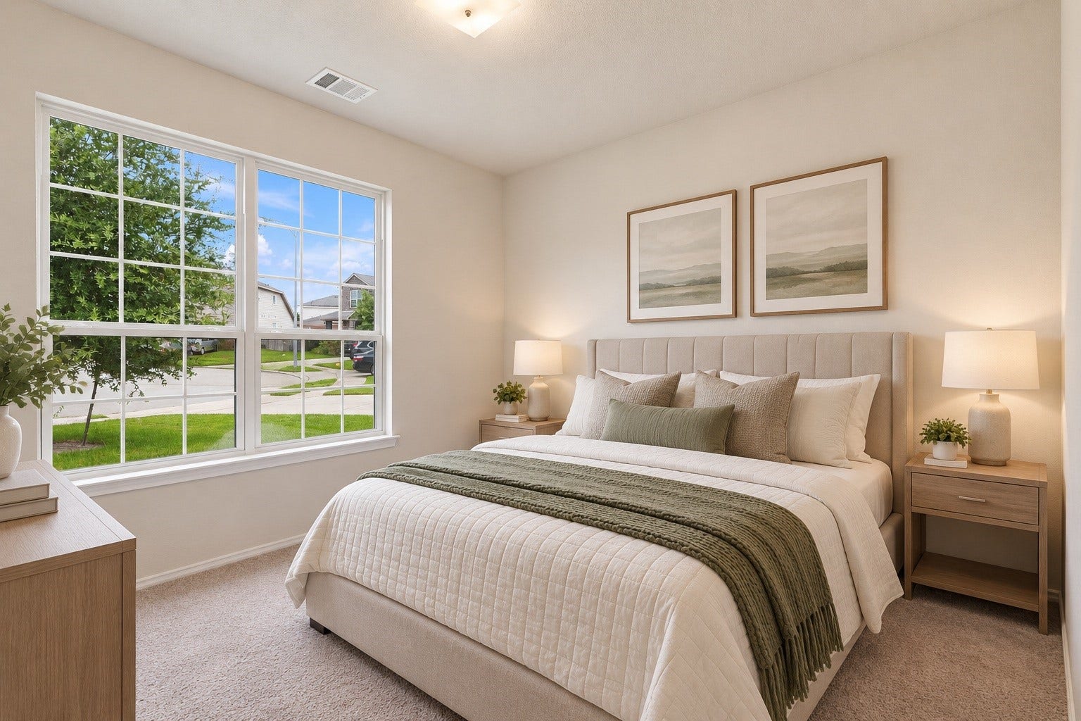 2307 Northern Great White Court, Katy, TX 77449 Virtually Staged: This additional bedroom pairs overhead lighting with generous natural illumination from expansive window glass. The practical square footage comfortably accommodates bedroom or workspace essentials.