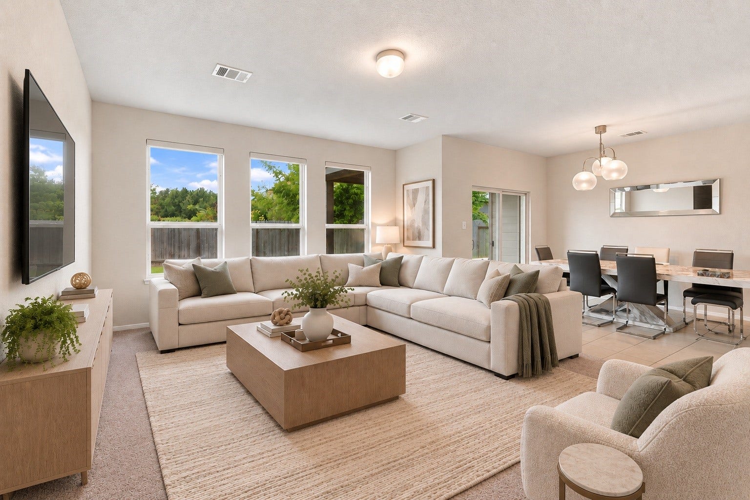 2307 Northern Great White Court, Katy, TX 77449 Virtually Staged: Capturing the full width of the main living area, this perspective reveals how the open space bridges the comfortable carpeted seating zone with the bright, tiled dining room and patio access.