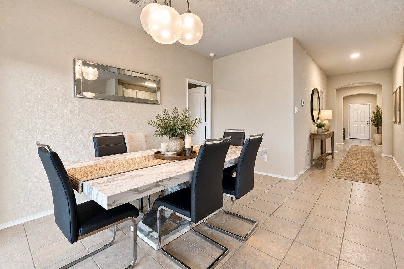 2307 Northern Great White Court, Katy, TX 77449 Virtually Staged: The open layout easily accommodates a full dining set while providing a wide entryway corridor that connects directly to the front entrance and living spaces.