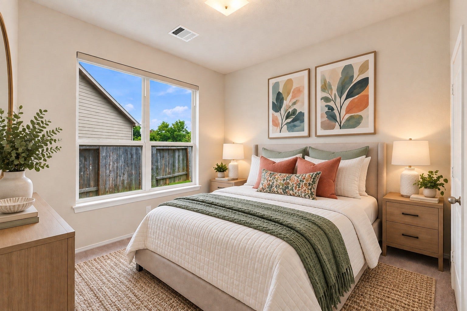 2307 Northern Great White Court, Katy, TX 77449 Virtually Staged: This secondary bedroom features plush carpeted flooring, neutral wall surfaces, and a central ceiling light fixture. A wide window brings in abundant natural illumination, offering views out to the backyard.