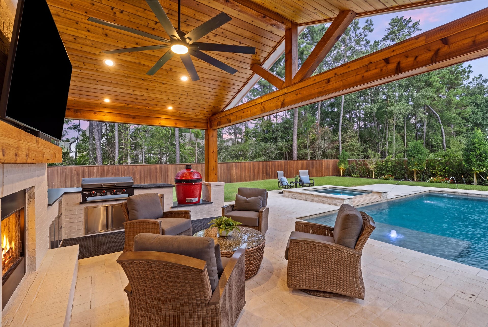 Spectacular custom outdoor living retreat featuring a soaring cedar-vaulted ceiling!